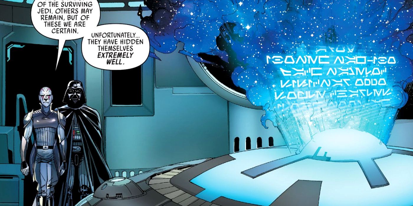 Darth Vader and the Grand Inquisitor look at a list of Jedi survivors in Star Wars: Darth Vader (2017) #19.