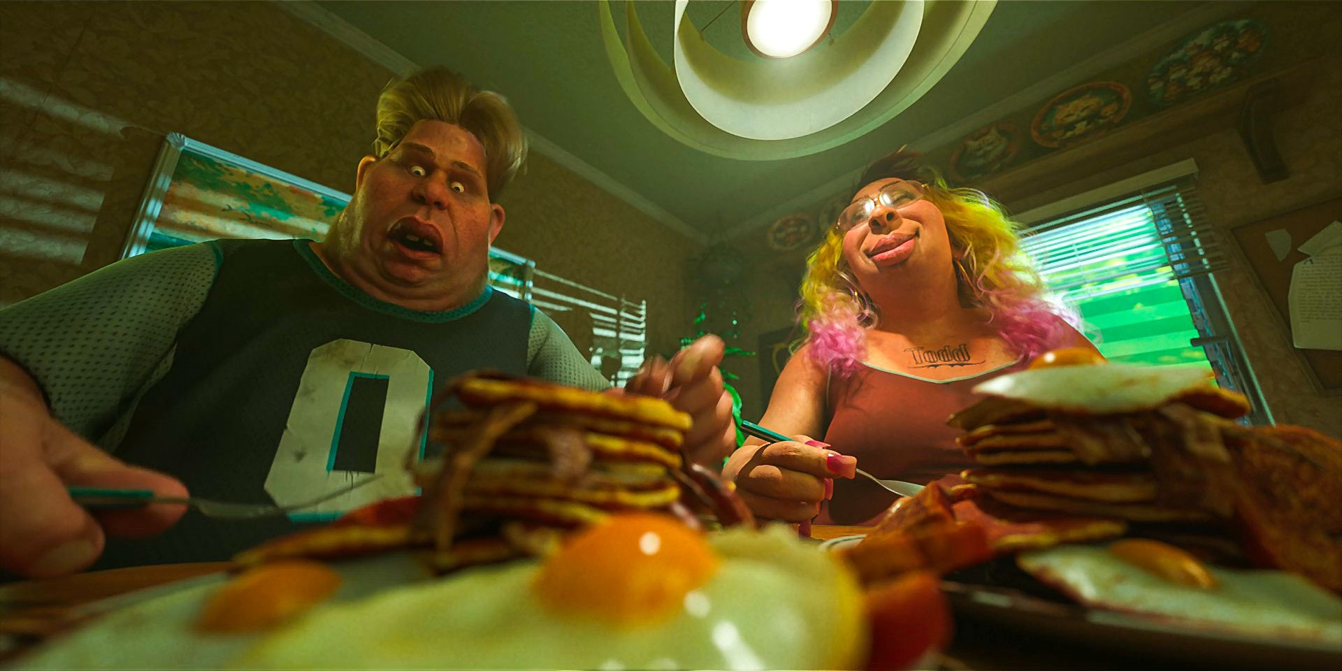 A plus-size couple enjoying a big breakfast in Love, Death & Robots Season 4 Ep 5
