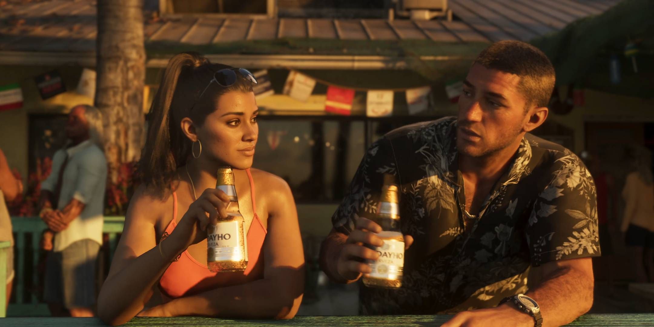 Lucia y Jason bebiendo cerveza en un muelle en Grand Theft Auto 6.