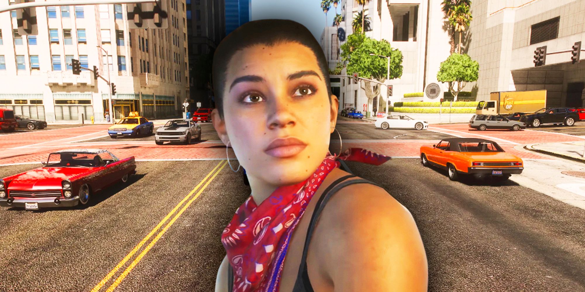 Lucia frente a una captura de pantalla de GTA 5 NaturalVision mejorado Mod