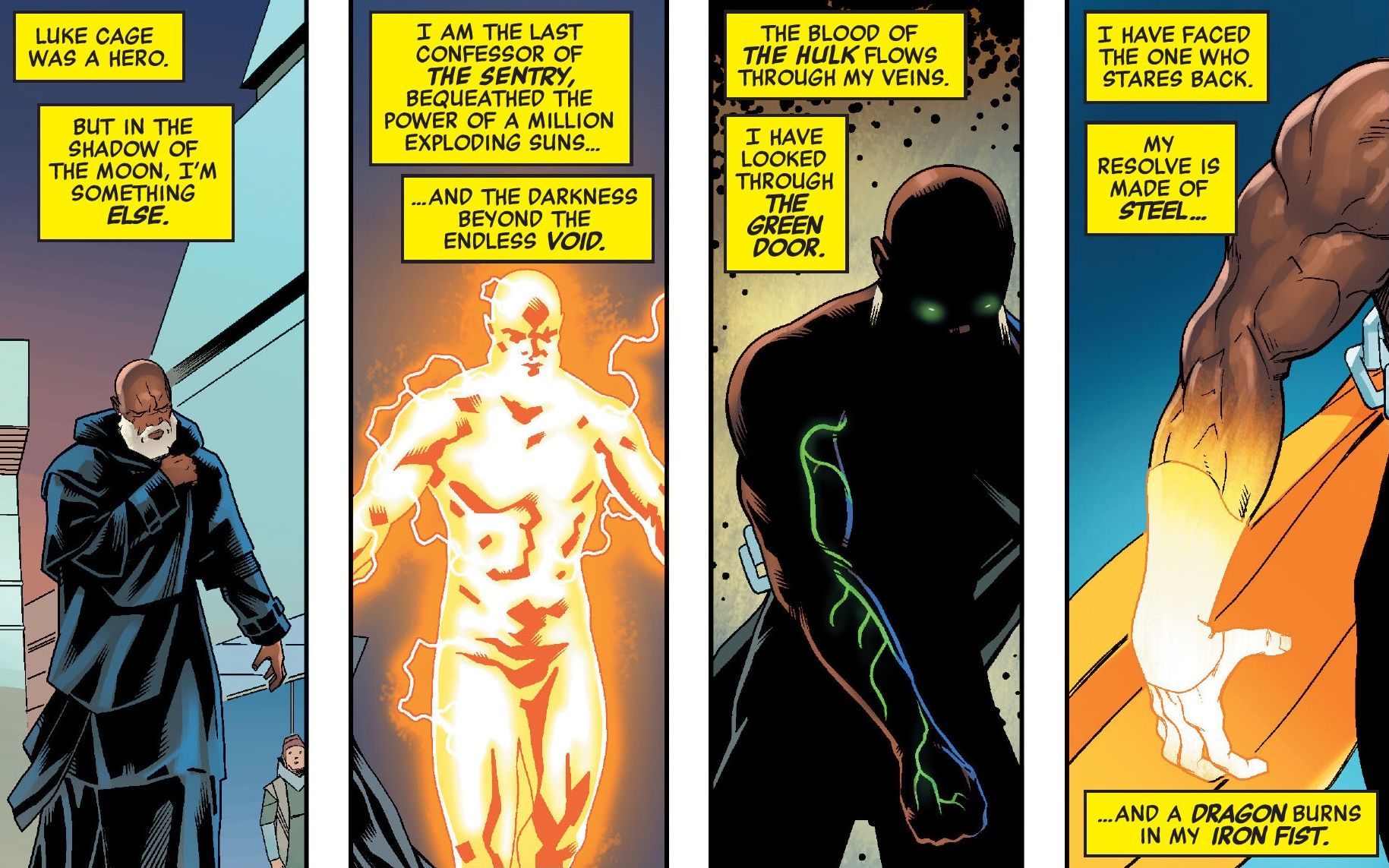 Luke Cage confirms his powers of The Sentry, Hulk, and Iron Fist in Timeless #1 Comic art