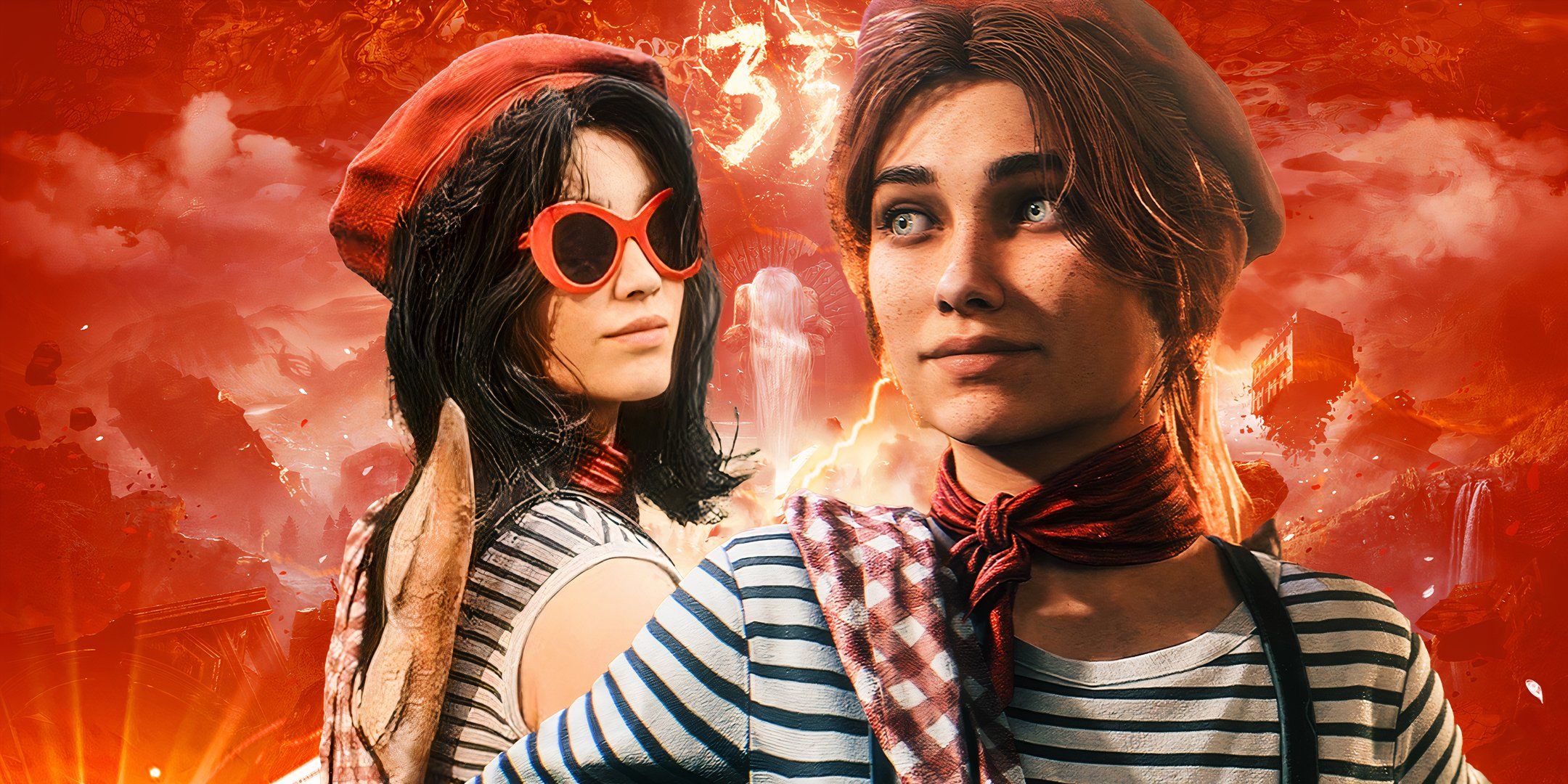 Lune and Maelle in baguette outfit and a baguette from Clair Obscur Expedition 33