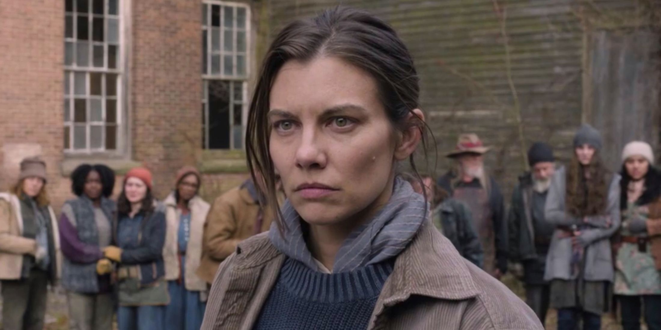 Maggie looking very serious with the people from the Bricks behind her in The Walking Dead Dead City season 2 episode 1