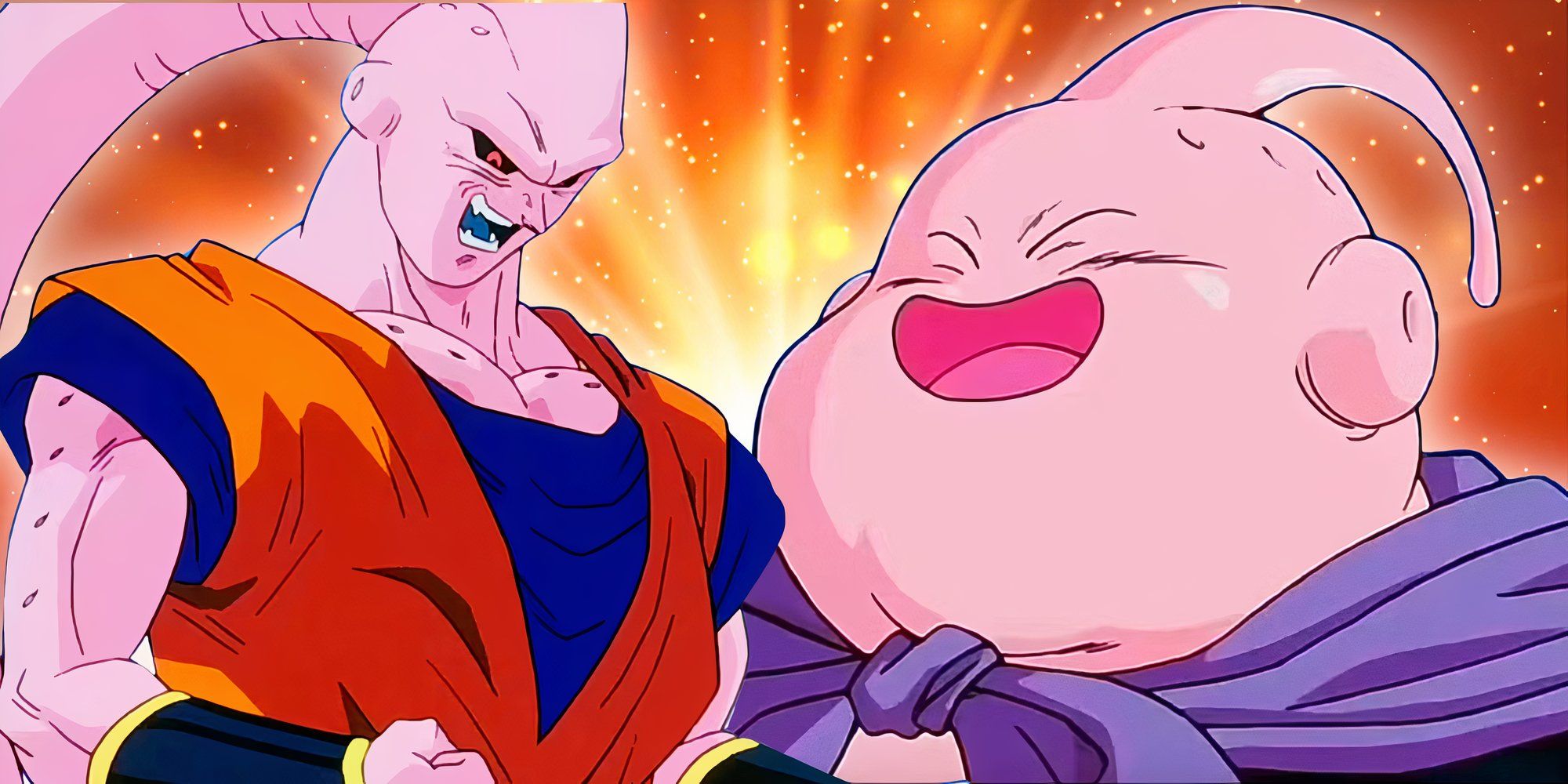 Collage image featuring Dragon Ball Z's Buuhan on the left and a smiling Majin Buu on the right.