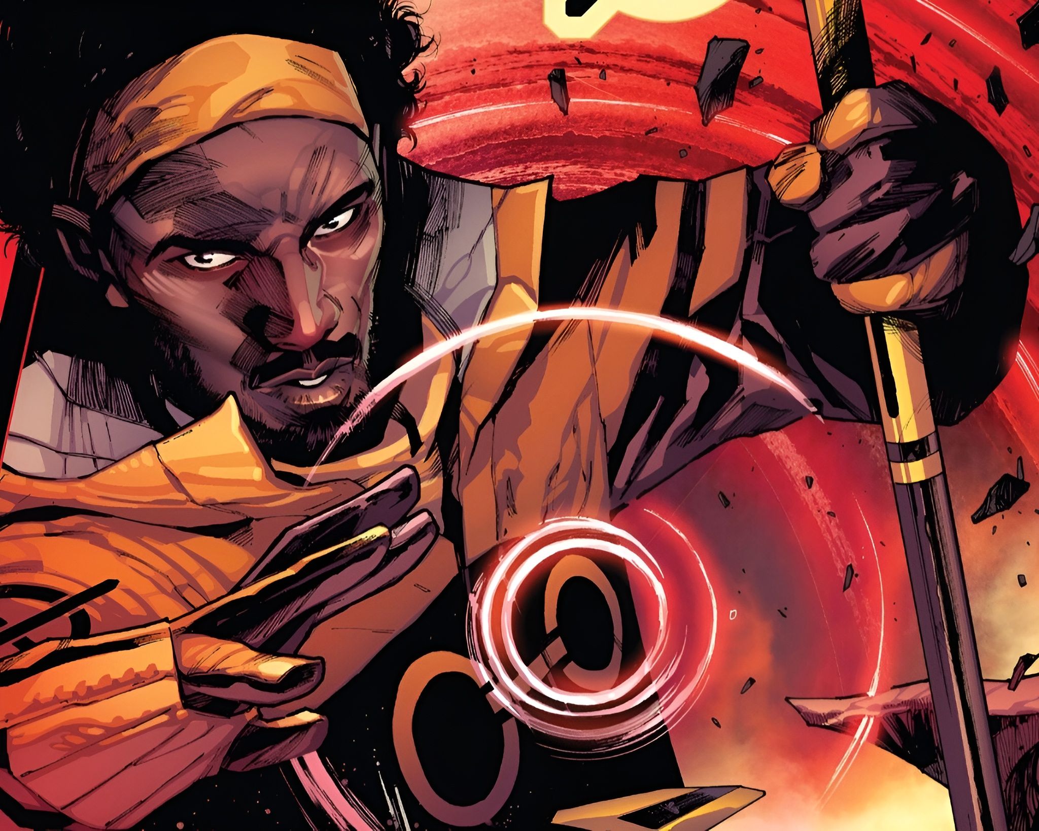 Manifold holds his staff while creating a red portal around him.