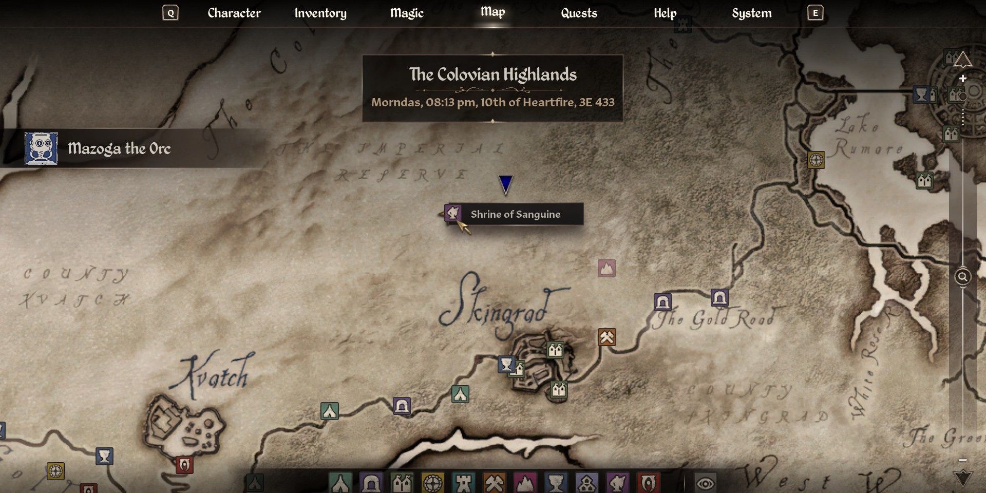 Map of Cyrodiil showing the location of Sanguine's Shrine just north Skingrad in Oblivion Remastered