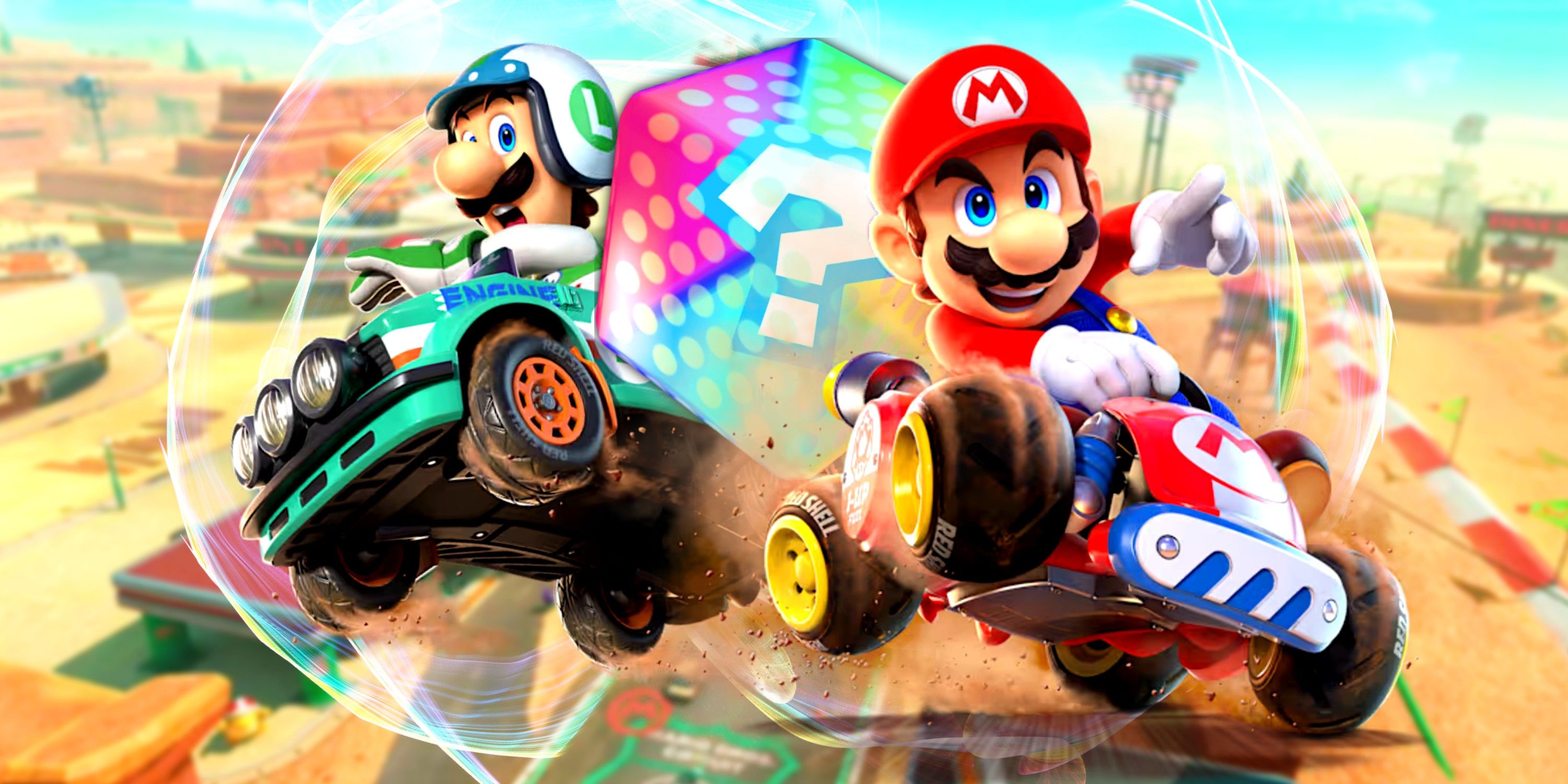 Mario e Luigi em Mario Kart World passando por um bloco de itens entre eles