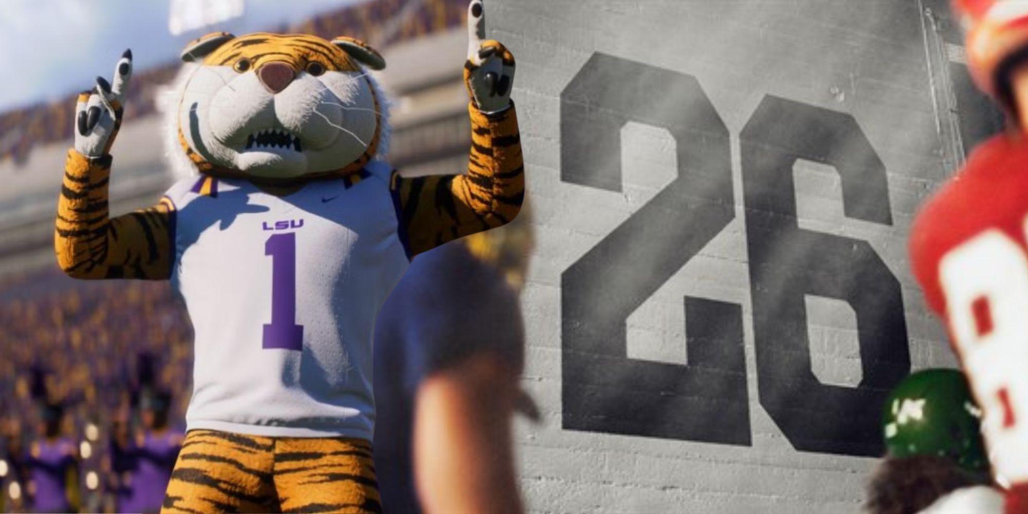 Mascot from College Football 25 next to a promo image for College Football 26