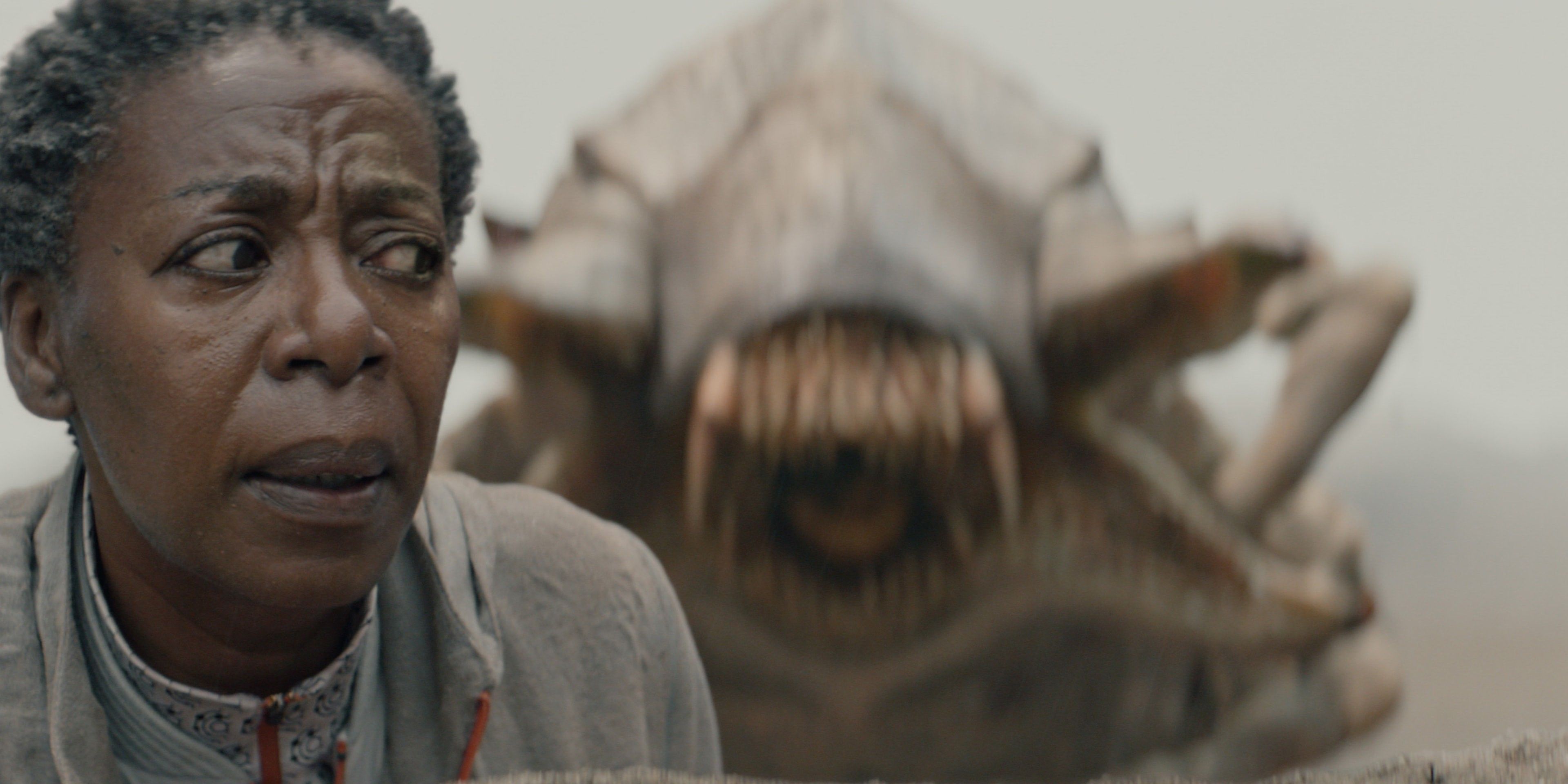 Mensah (Noma Dumezweni) looking horrified as a centipede-like animal rears up behind her in Murderbot season 1, episode 2