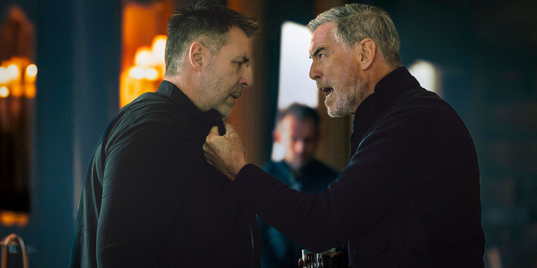 Paddy Considine as Kevin Harrigan and Pierce Brosnan as Conrad Harrigan in Mobland, episode 6, season 1