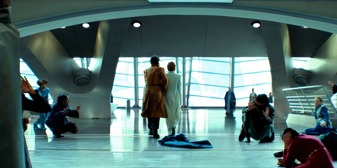 Mon Mothma walking away from her cloak next to Cassian in Andor season 2, episode 9 (2025)