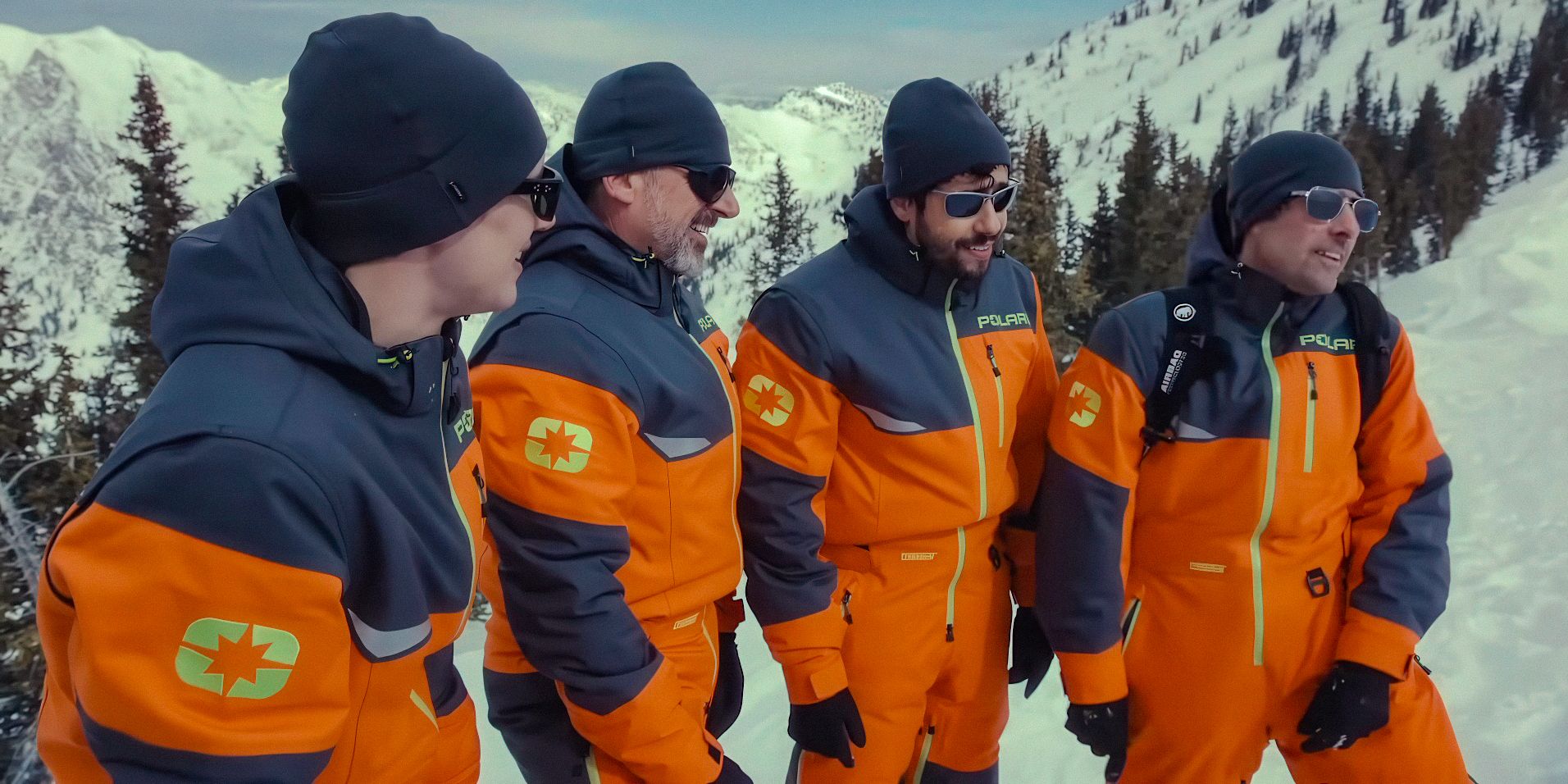 Venis (Cory Michael Smith), Randall (Steve Carell), Jeff (Ramy Youssef), and Souper (Jason Schwartzman) looking at the mountain in Mountainhead