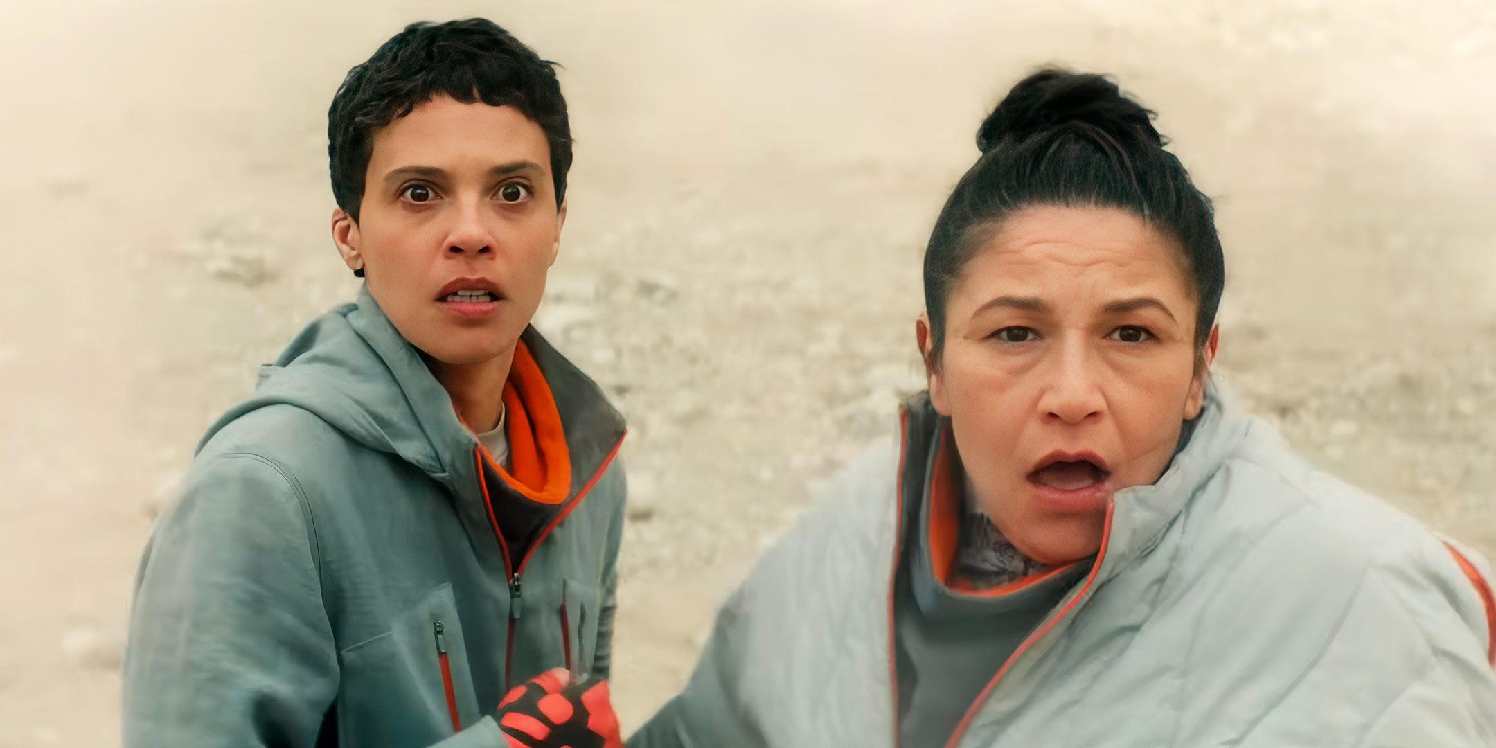 Arada (Tattiawna Jones) and Bharadwaj (Tamara Podemski) looking horrified in Murderbot season 1, episode 1