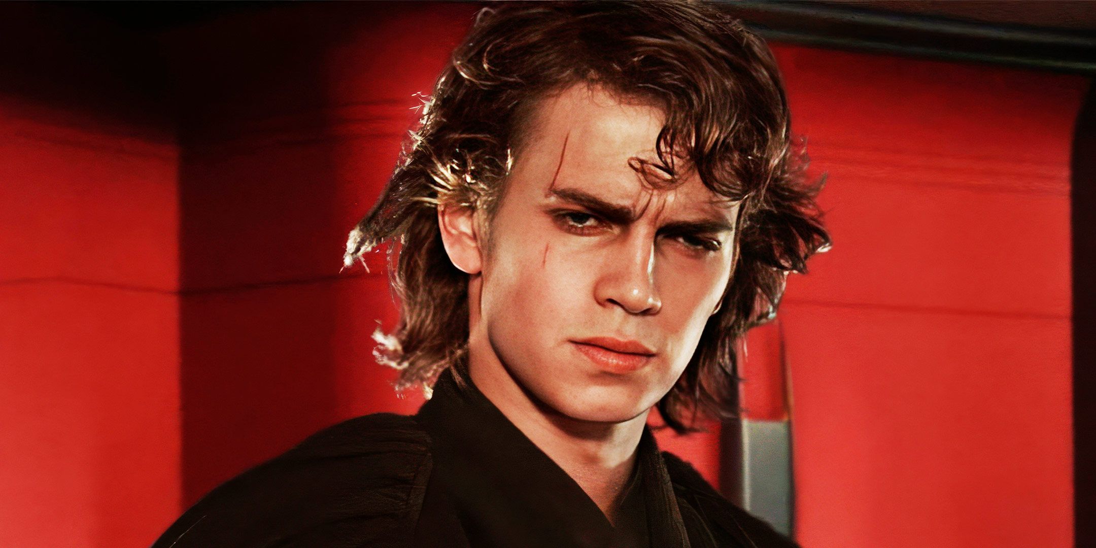 Anakin Skywalker with a scar on his face looking upset in Revenge of the Sith