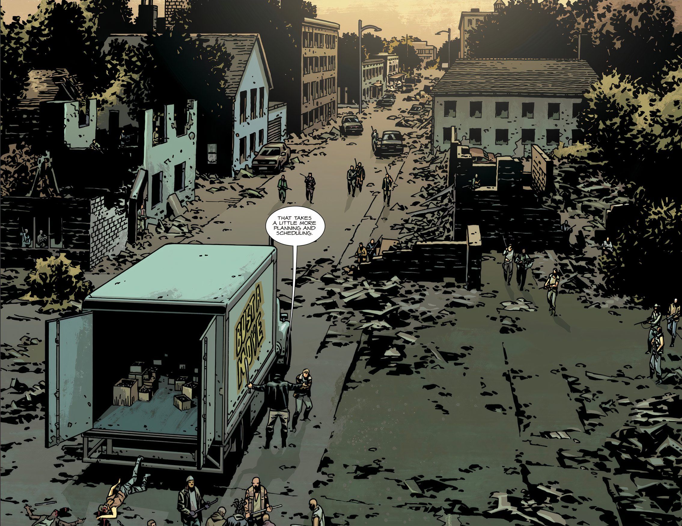 Negan reveals his back-up as they converge in a wide shot of the battered street