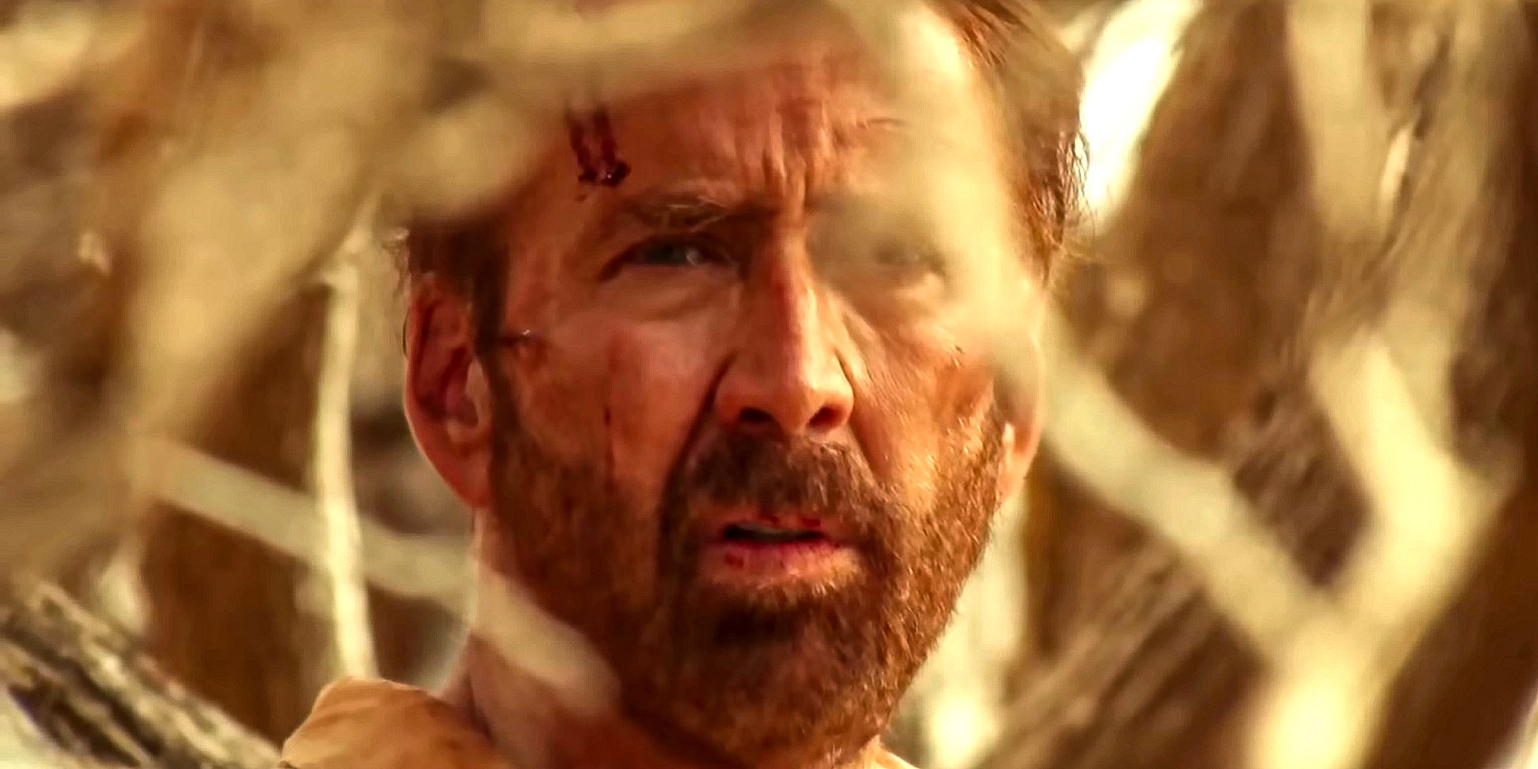 Nicolas Cage looking uncertain through a tree in The Surfer