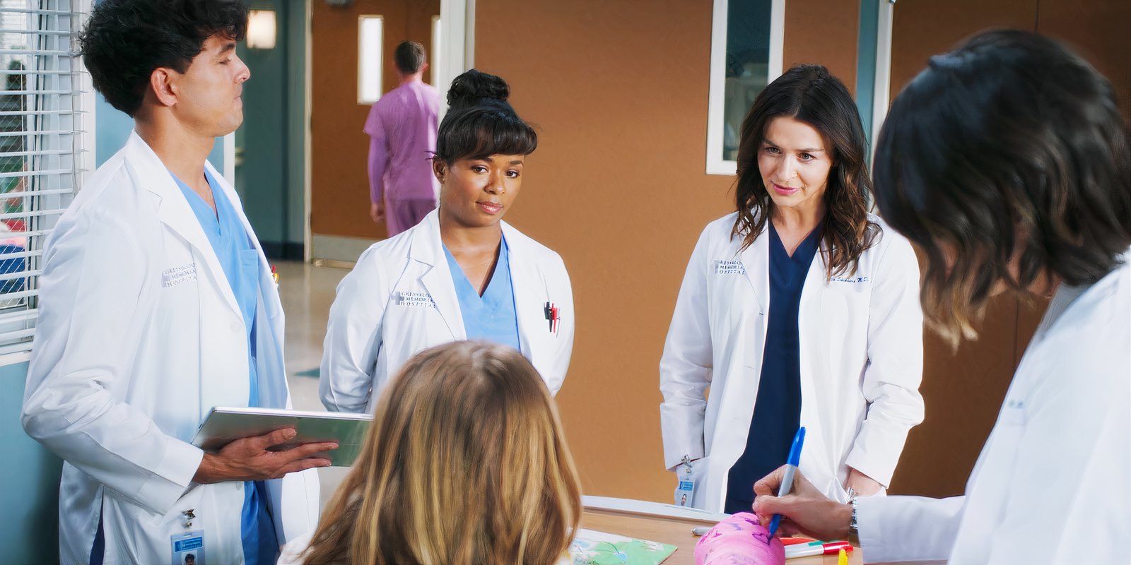 Niko Terho as Lucas Adams, Alexis Floyd as Simone Griffith, Sophia Kopera as Dylan Gatlin, Caterina Scorsone as Amelia Shepherd and Natalie Morales as Monica Beltran in Grey's Anatomy season 21, episode 16