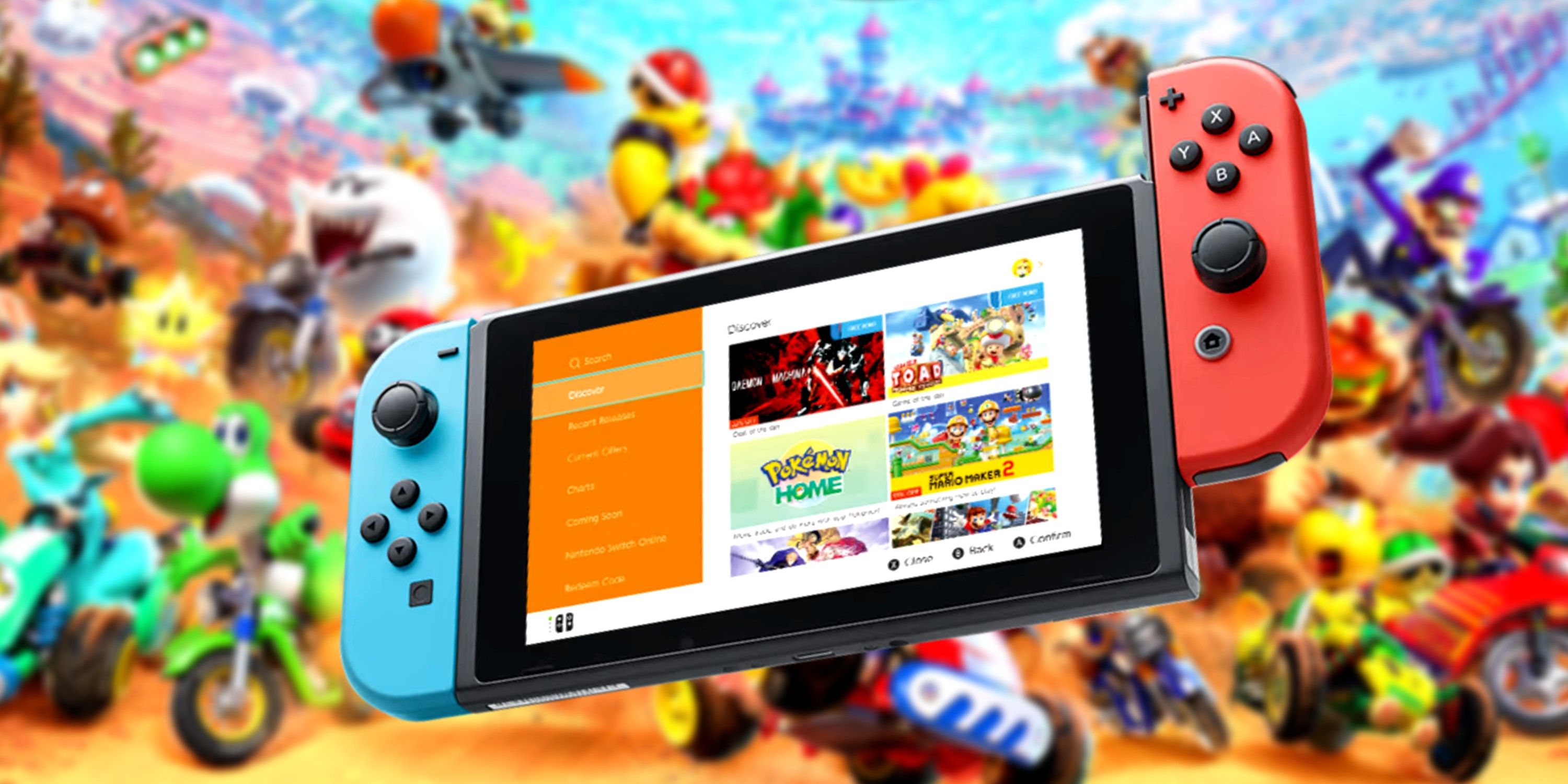 Nintendo switch with the eshop open on it with a promotional image from mario kart world blurred behind it.