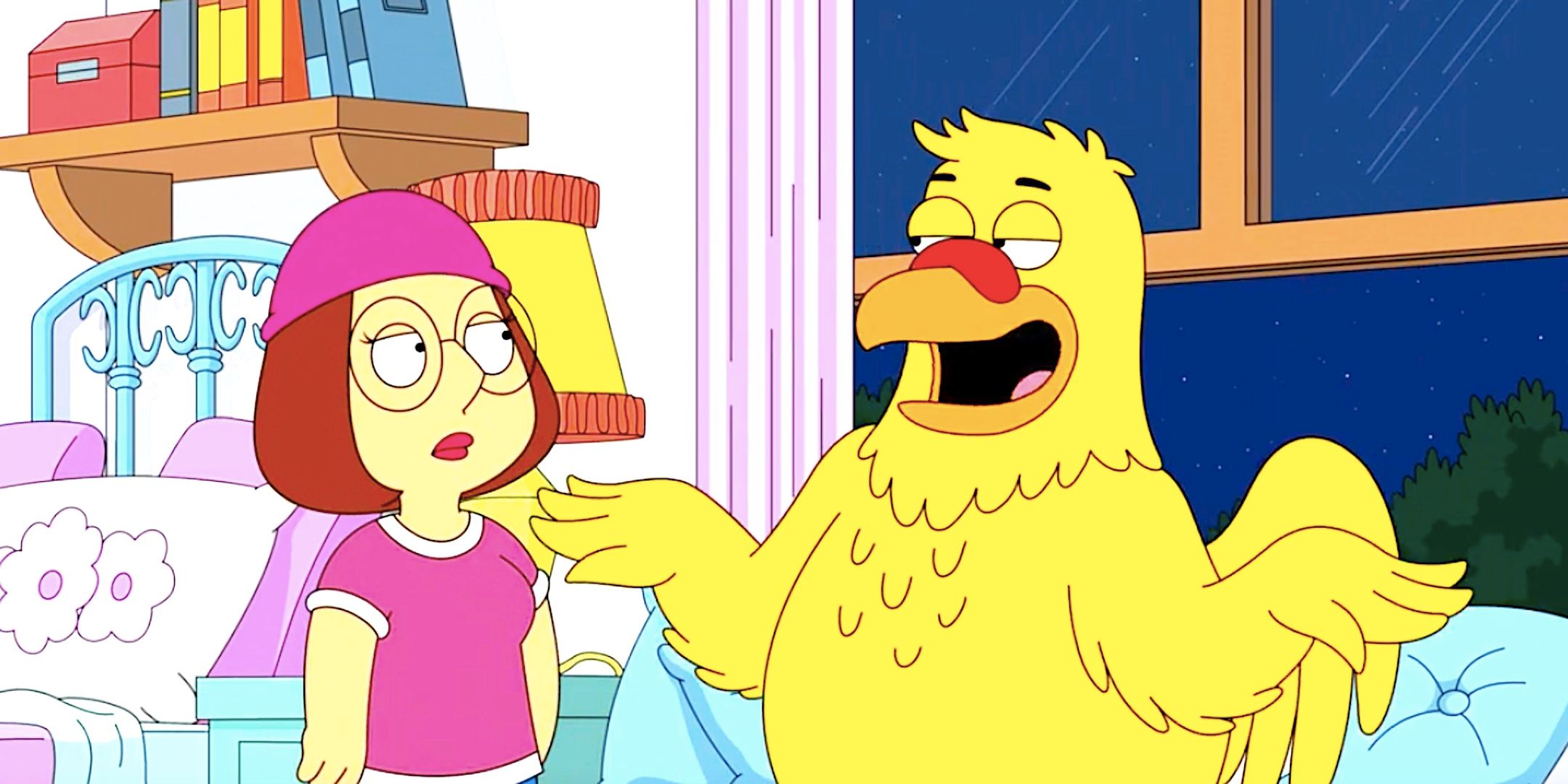 Nugget the Giant Chicken talks smugly to Meg in her bedroom from Family Guy season 23 episode 8