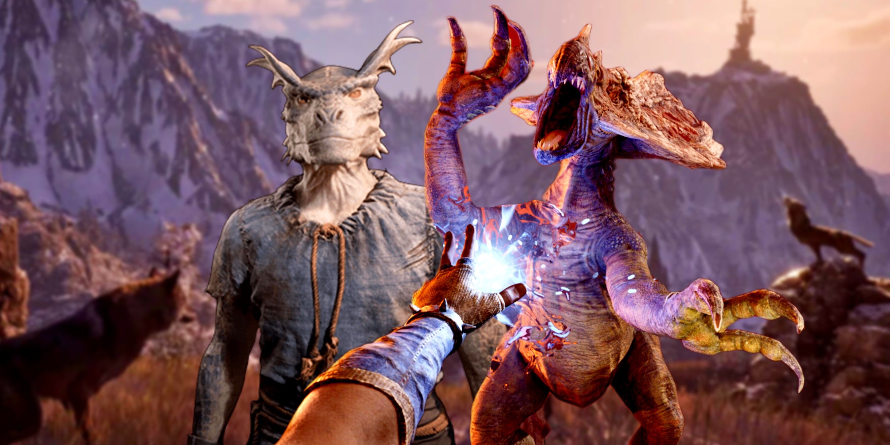 oblivion-remasted-character-and-an-arm-shooting-out-a-blue-attack-at-an-enemy-with-blurred-wolves-in-the-background O jogador remasterizado do Oblivion se trava acidentalmente da missão principal da história