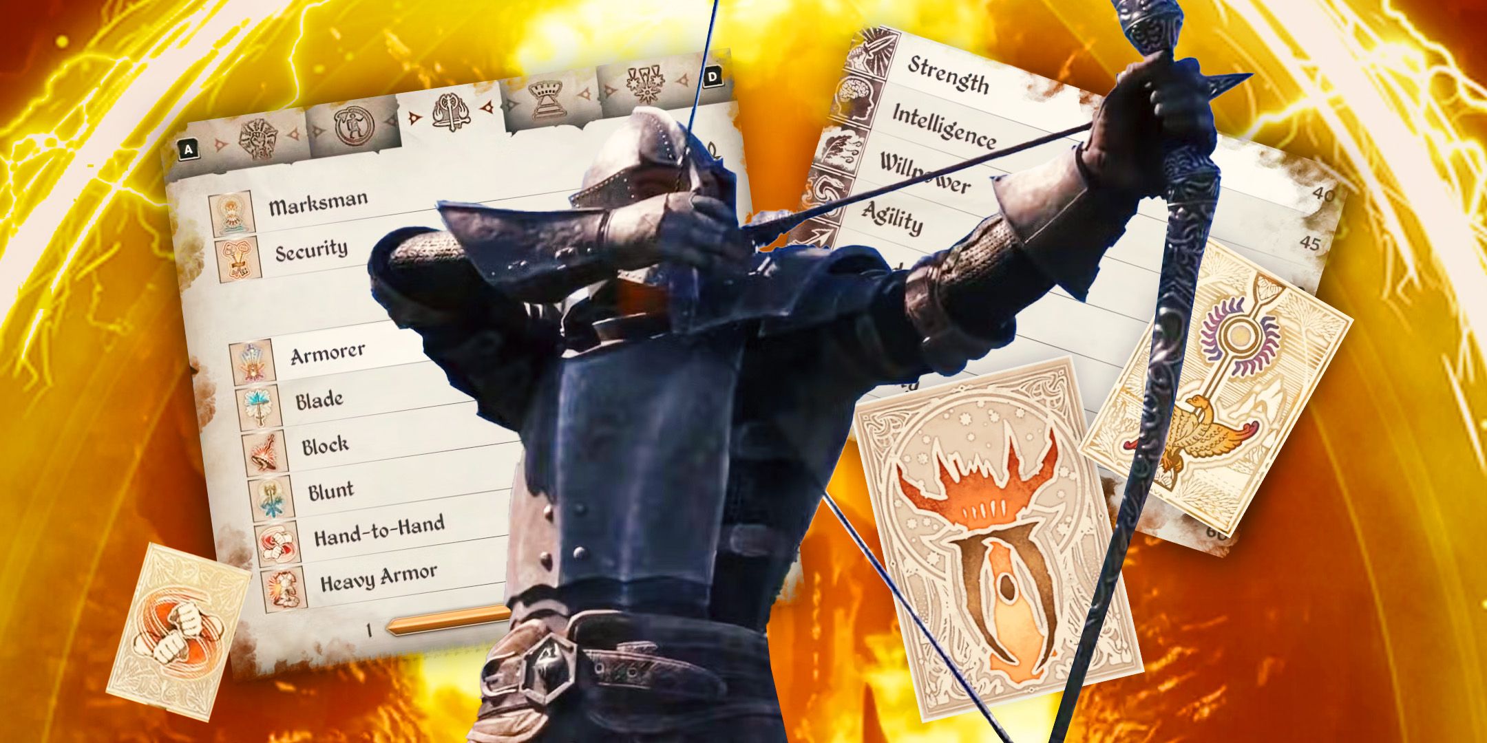 Oblivion Remaster character with a bow and arrow with Skills and Attributes