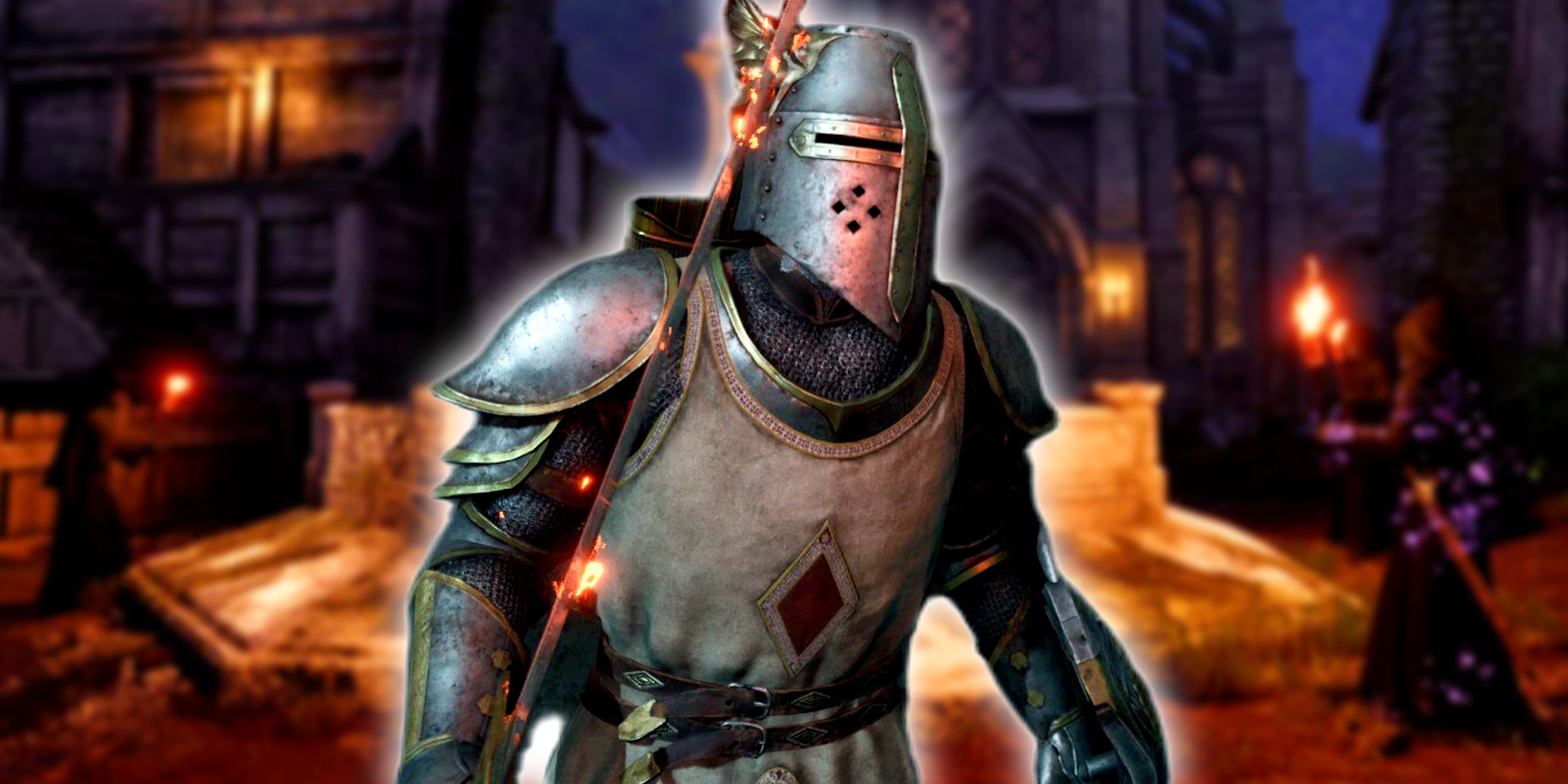 Oblivion Remastered character in Knight armor with lights during the night behind him