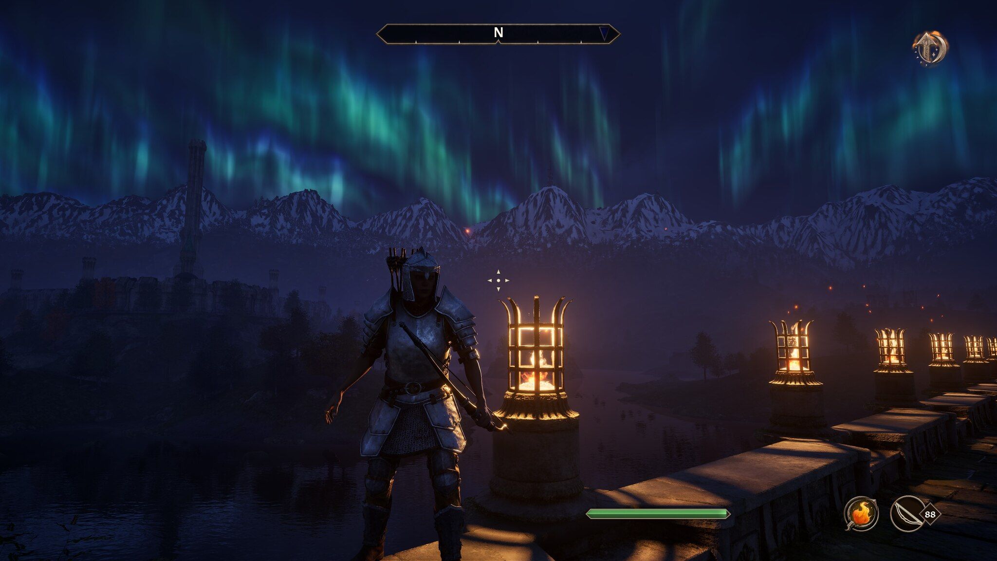 oblivion remastered character with the northern lights and lamps