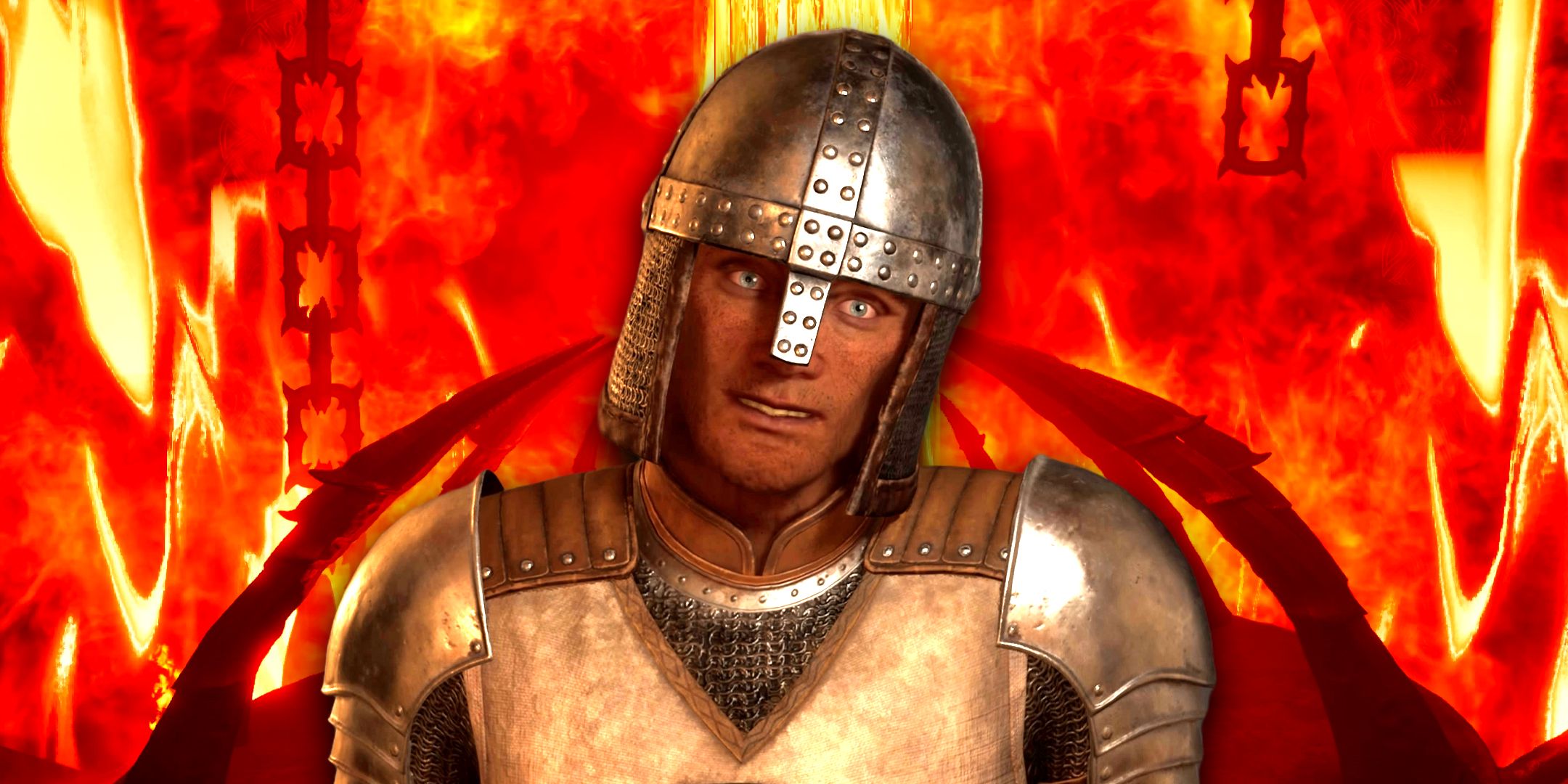 Oblivion Remastered Guard in front of a collapsing tower in Oblivion