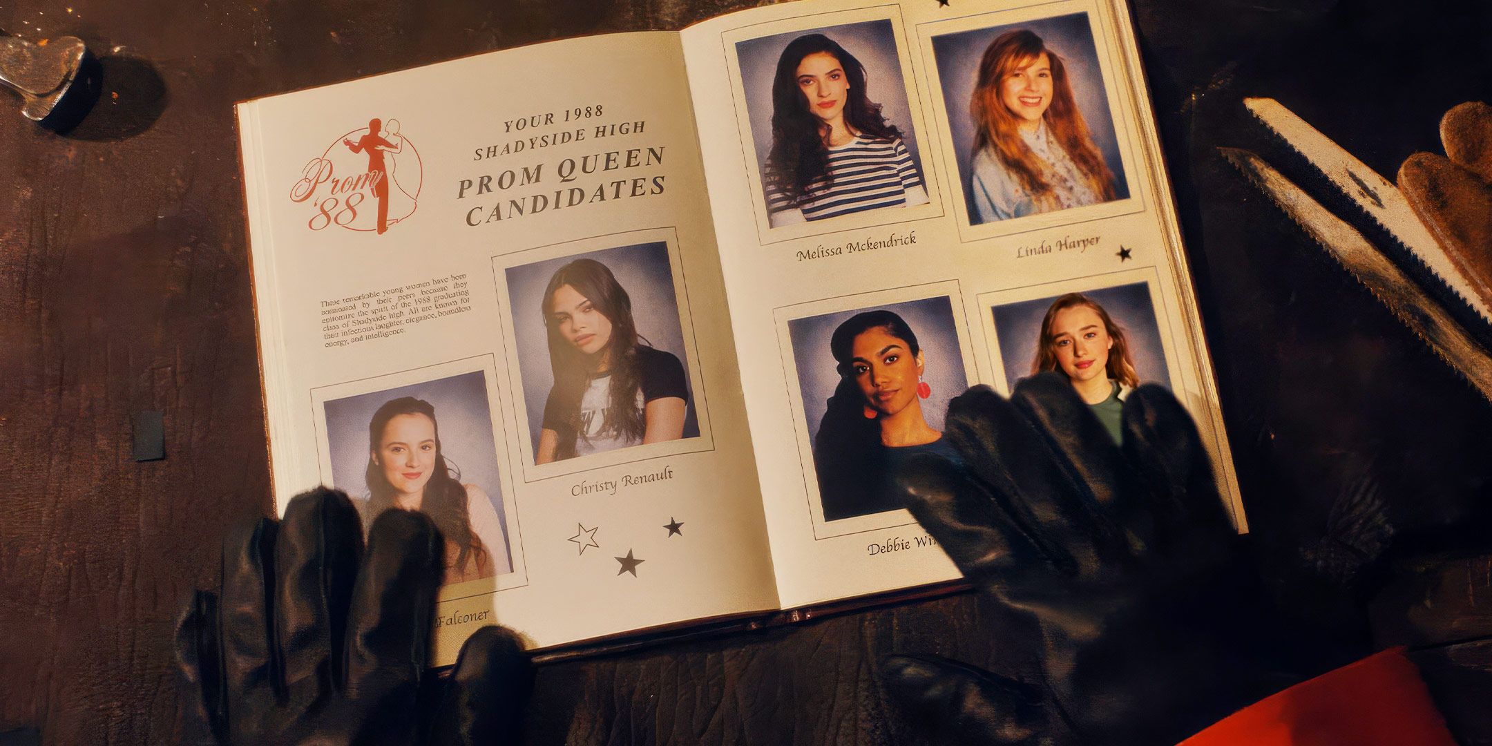 Prom queen candidate pH๏τos being looked at by an individual wearing black gloves in Fear Street: Prom Queen