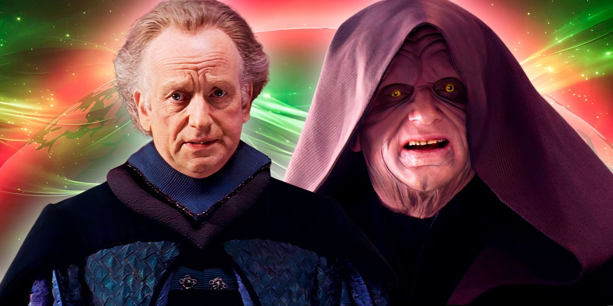 Palpatine como senador en la amenaza fantasma a la izquierda y como Darth Sidious en venganza de los Sith a la derecha frente a un fondo brillante y colorido