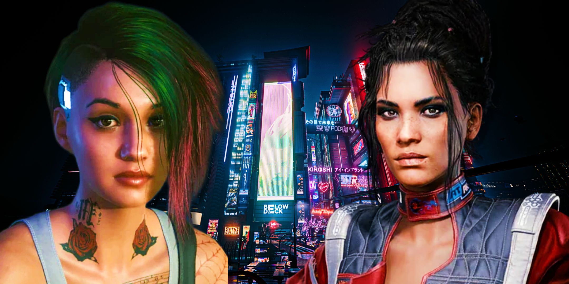 Panam and Judy in front of a Night City vista from Cyberpunk 2077.