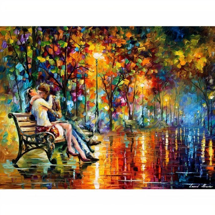 passion evening painting owned by robyn and kody brown via Reddit featuring couple kissing on a park bench