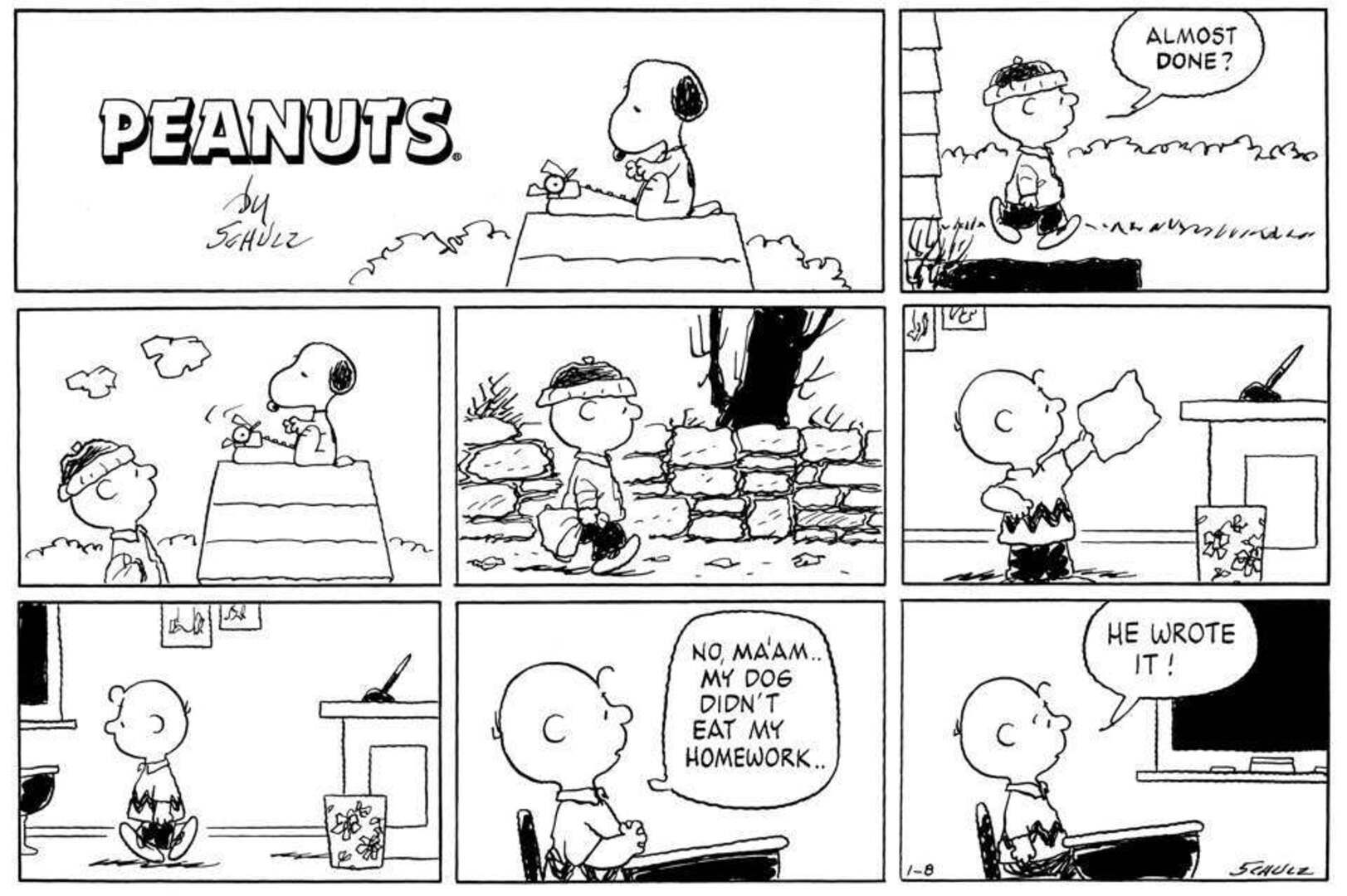 Amendoins, Snoopy escrevendo a lição de casa de Charlie Brown.