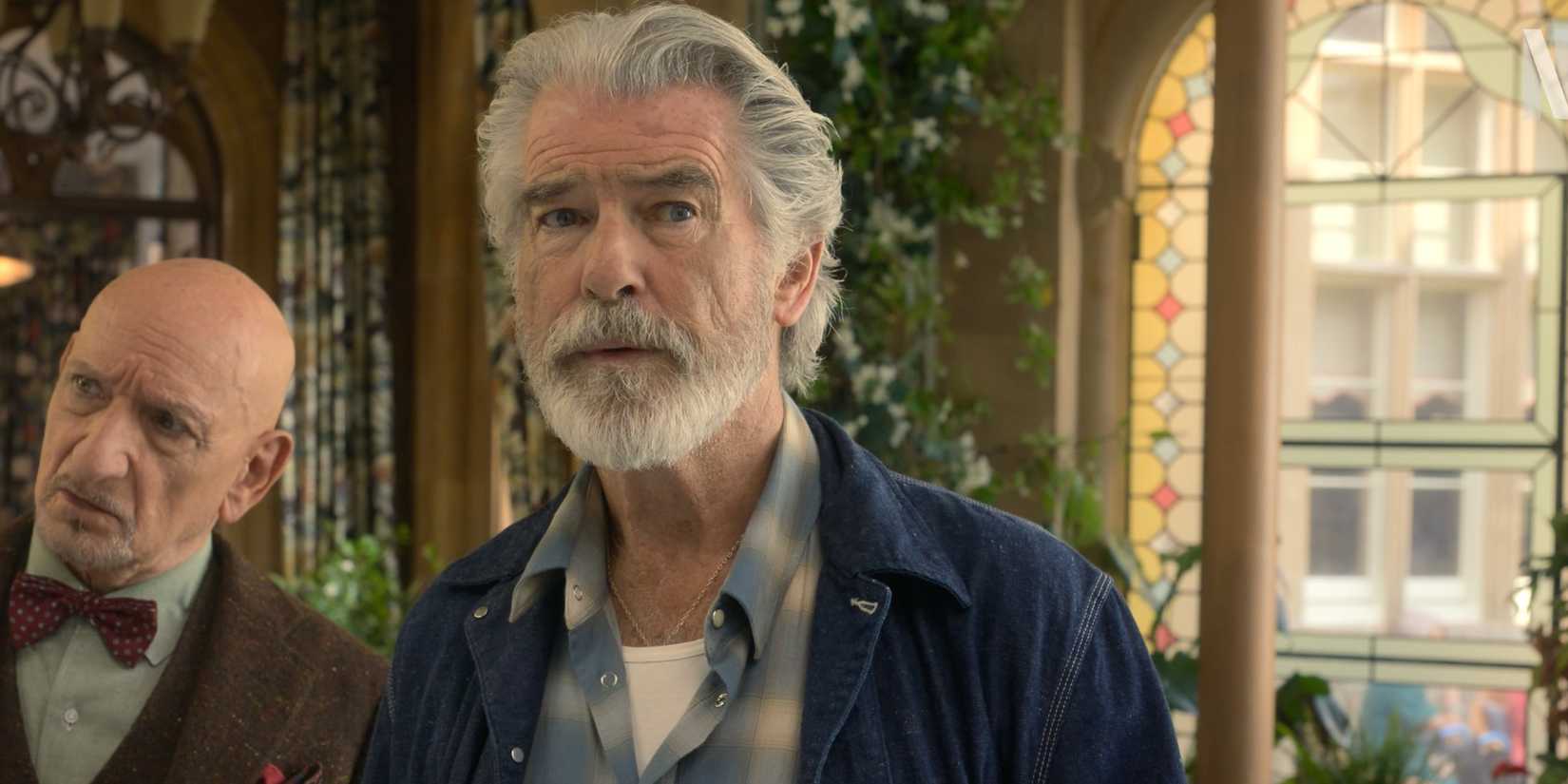 Pierce Brosnan looking nervous in The Thursday Murder Club