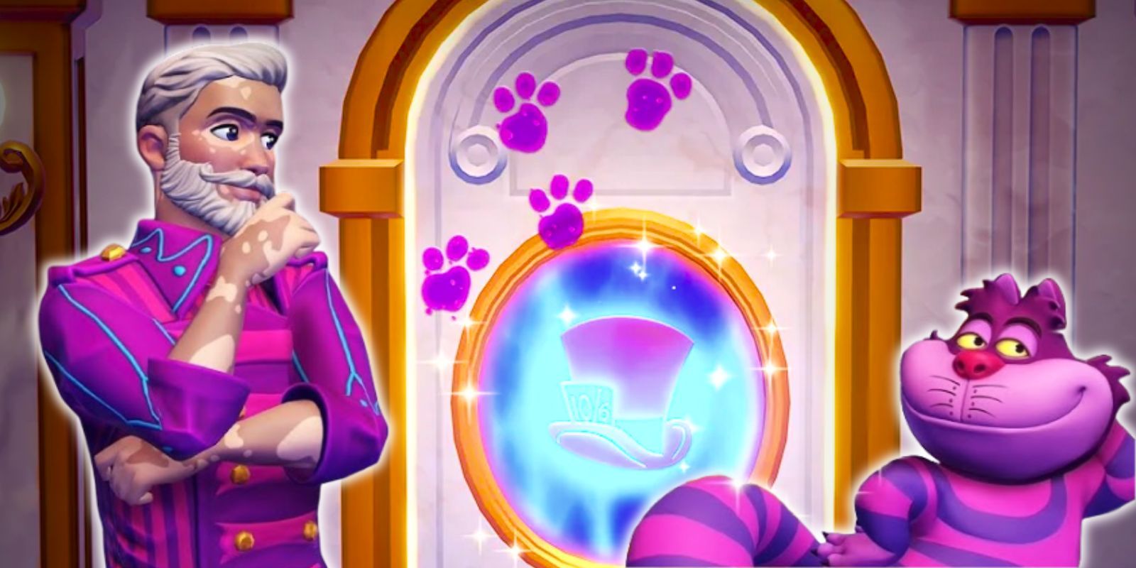 Player and Cheshire Cat over the Alice in Wonderland realm door with paw prints in Disney Dreamlight Valley