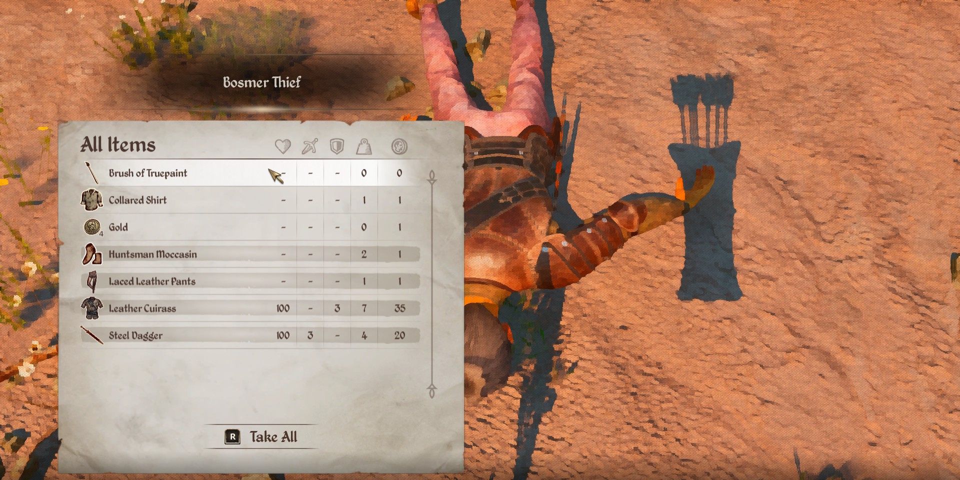 Player looting the Brush of Truepaint from the thief's body in Oblivion Remastered