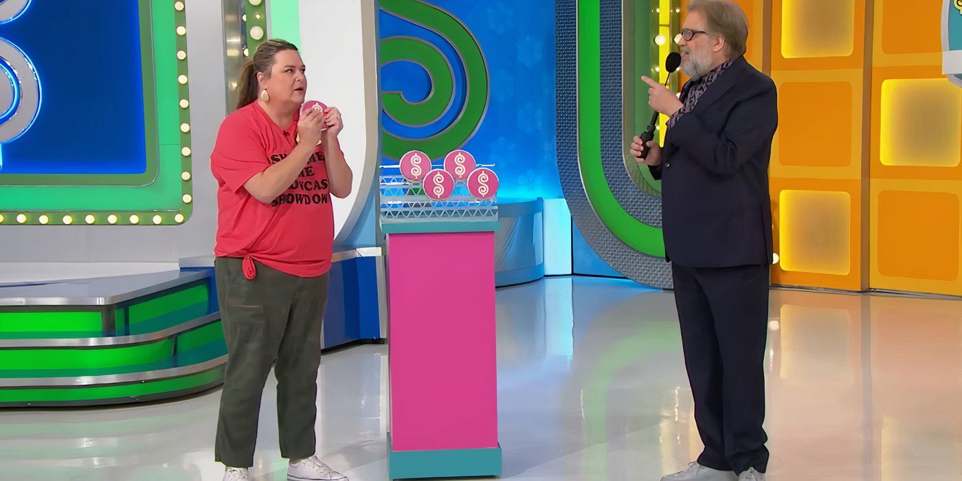 The Price is Right's Drew Carey and a contestant clutching Plinko chips