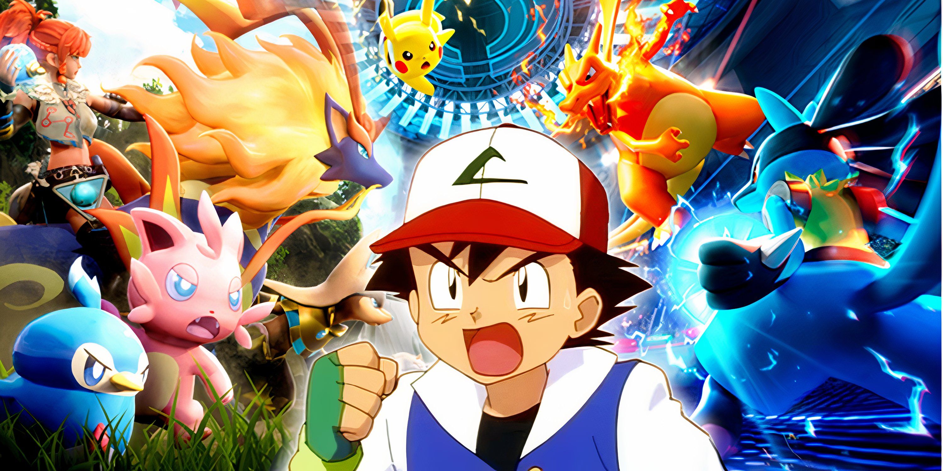 Pokemon Ash Ketchum looking angry with Palworld and Pokemon clashing behind him-1