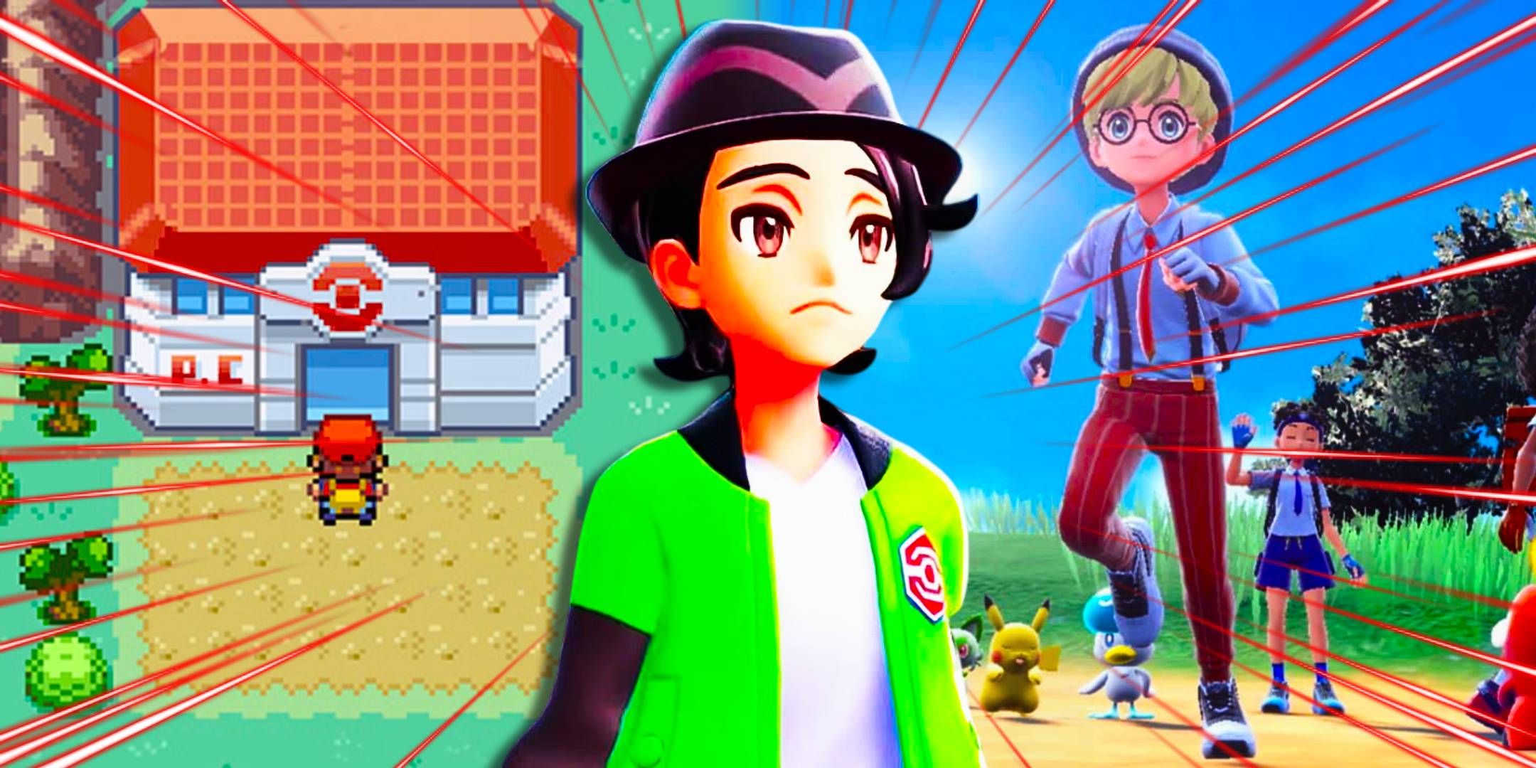 A sad trainer from Pokemon Legends Z-A with gameplay from FireRed and Scarlet behind him.