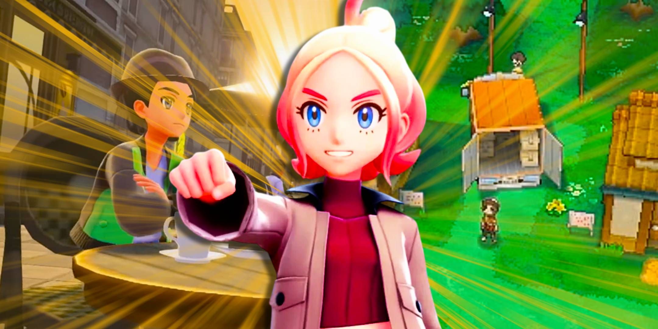 Taunie from Pokemon Legends Z-A with gameplay from Pokemon Ruby and Legends Z-A behind her.