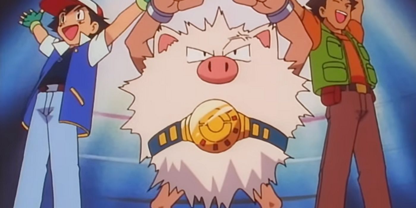 Primeape, Ash e Brock comemoram a vitória em um torneio.