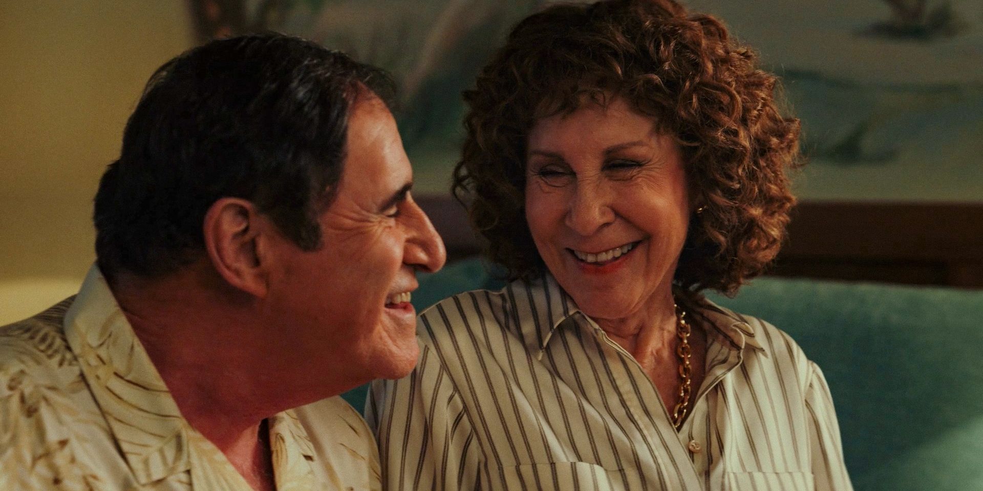 Beatrix Hasp (Rhea Perlman) laughing with Jeffrey (Richard Kind) in Poker Face Season 2 Ep 3