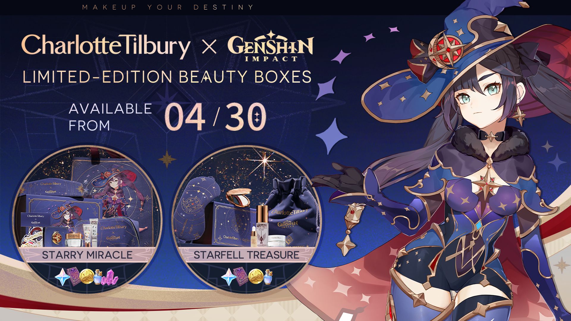 Genshin Impact Charlotte Tilbury promotional image showing Mona and the products