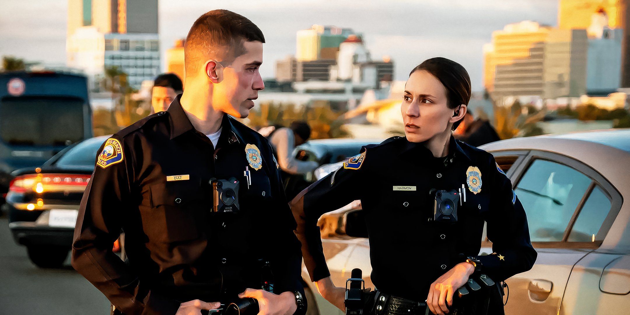 Two characters from On Call are looking at each other