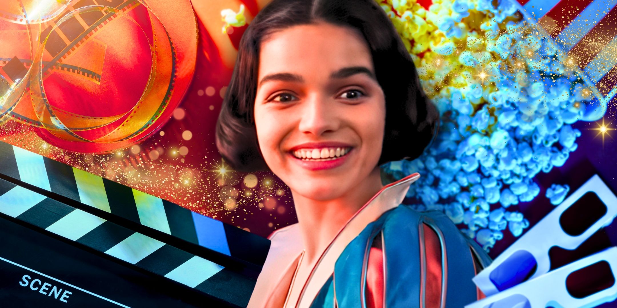 Rachel Zegler as Snow White, surrounded by cinematic and film-inspired imagery