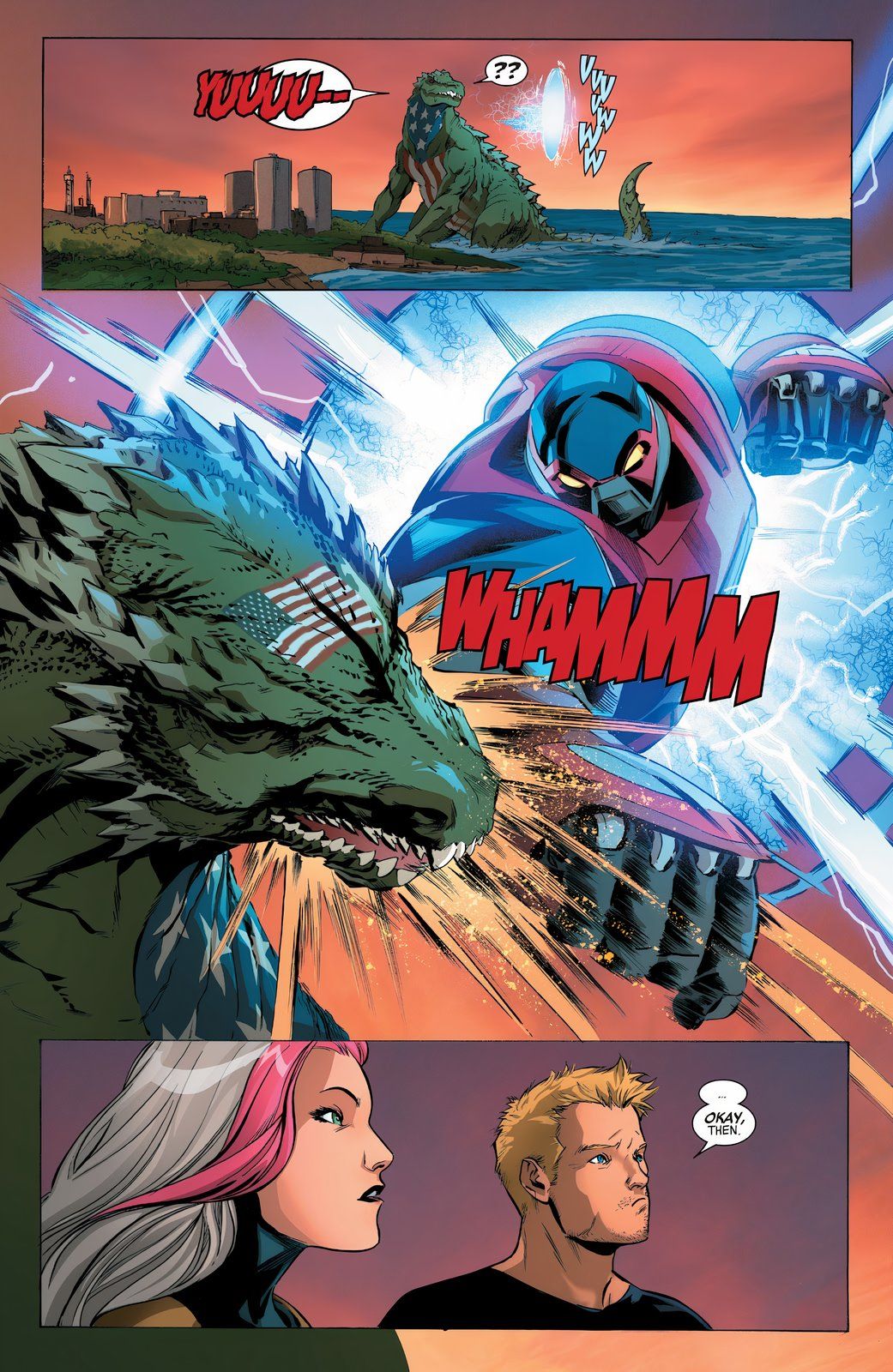 Avenger Five punches American Kaiju in the face to start a battle