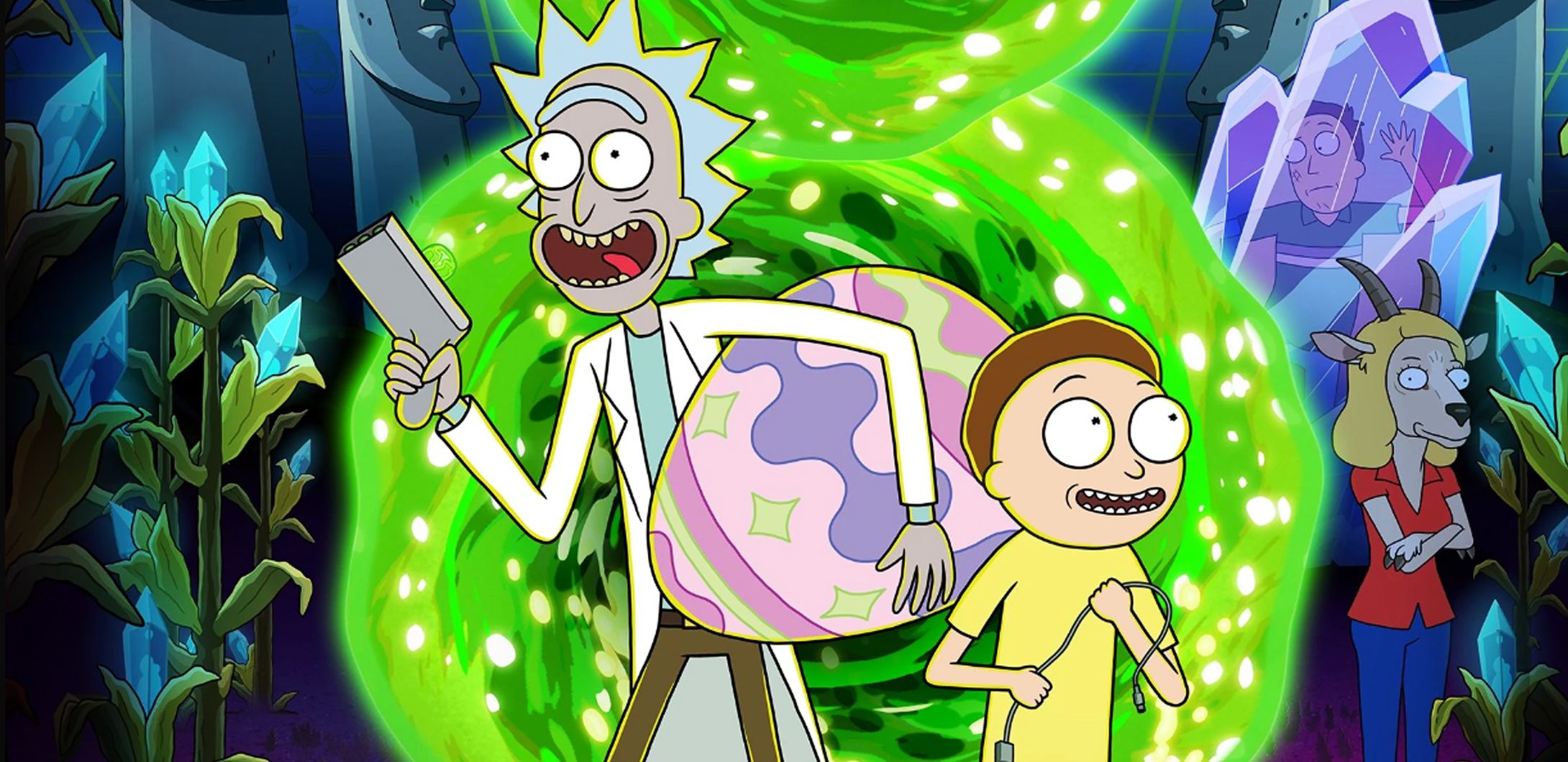 Rick and Morty Coming Out of a Portal Holding an Easter Egg