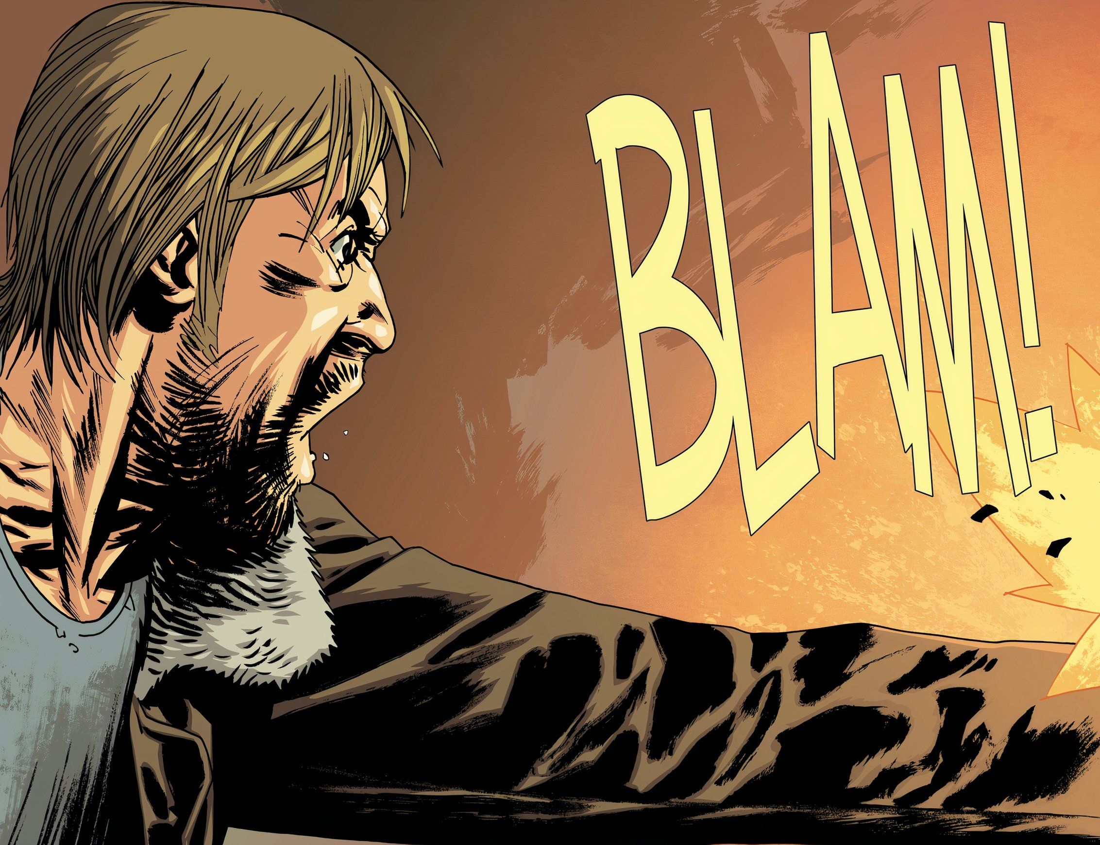Rick Grimes fires his gun offscreen as he screams