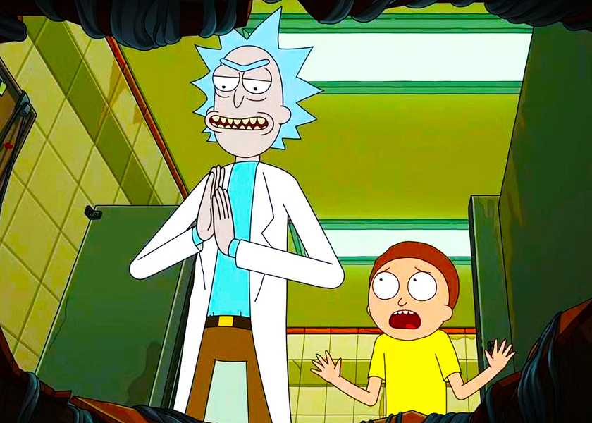 Rick Sanchez smiling and rubbing his hands while Morty Smith looks concerned in front of the fear hole in Rick and Morty