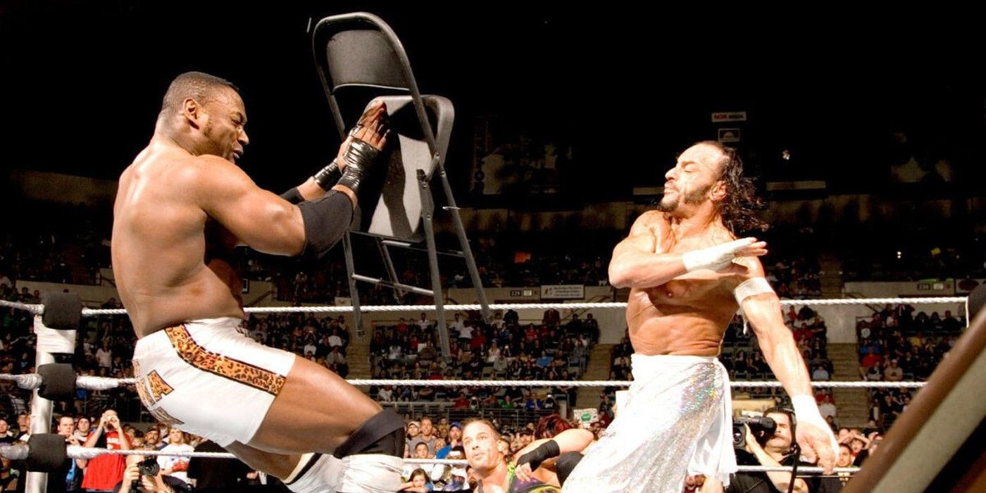 Rob Van Dam watches Sabu throw a steel chair at Monty Brown Marcus Cor Von in an Extreme Rules match on WWE ECW